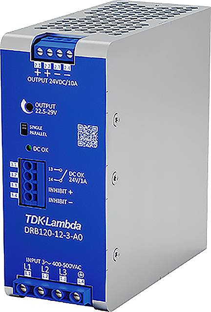 Bloc d'alimentation industriel TDK-Lambda, modèle DRB120-12-3-A0, avec des connexions bleues et des voyants LED pour l'état de sortie et de fonctionnement.