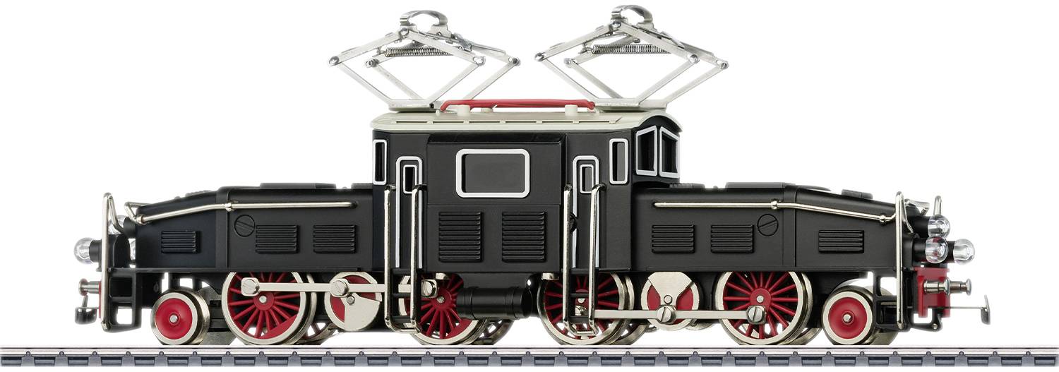 Un modèle d'une locomotive électrique historique au corps noir, avec des roues rouges et deux pantographes argentés sur les rails.
