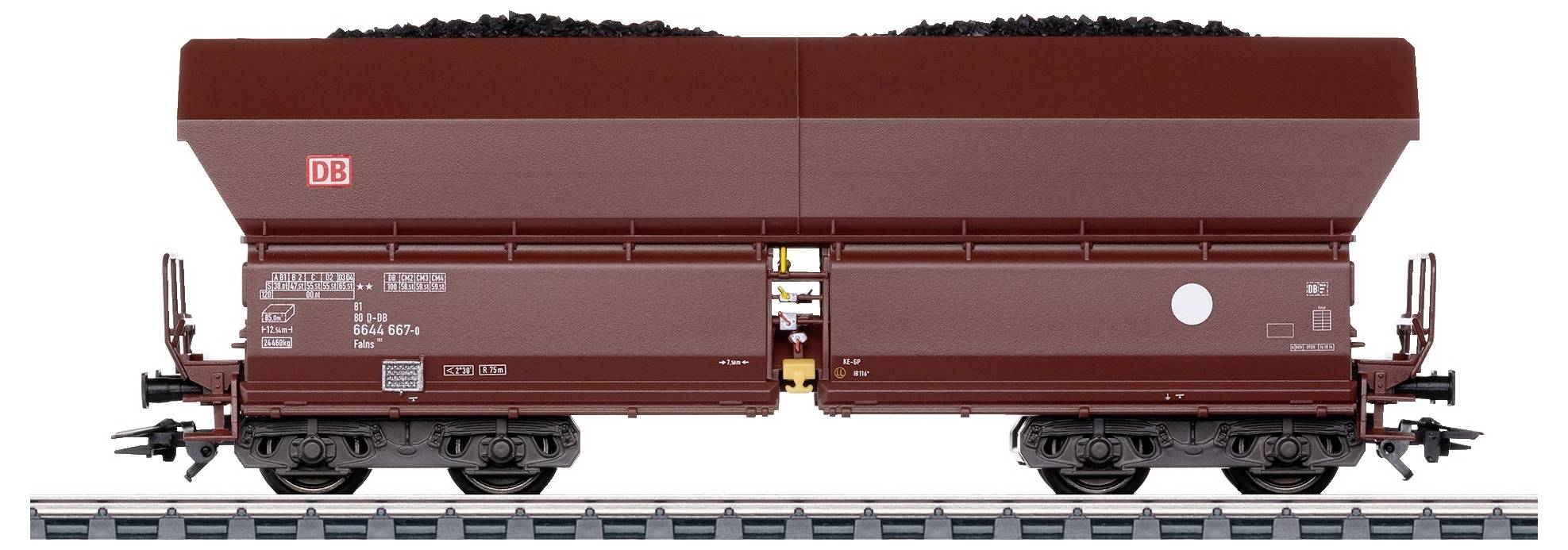 Wagon de marchandises de la Deutsche Bahn sur une voie ferrée, de couleur rouge-brun, rempli de charbon.