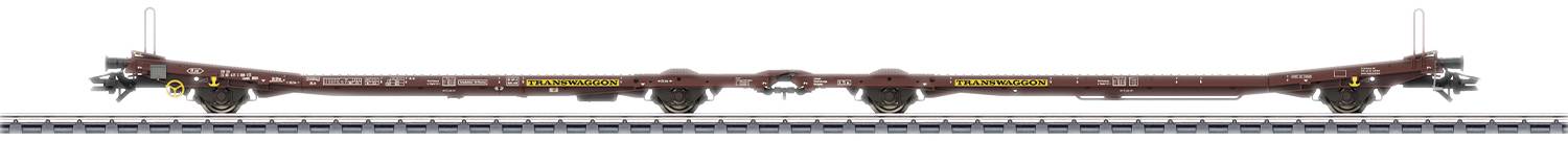 Wagon plat ferroviaire à six essieux sur voie ferrée, marron, sans chargement.