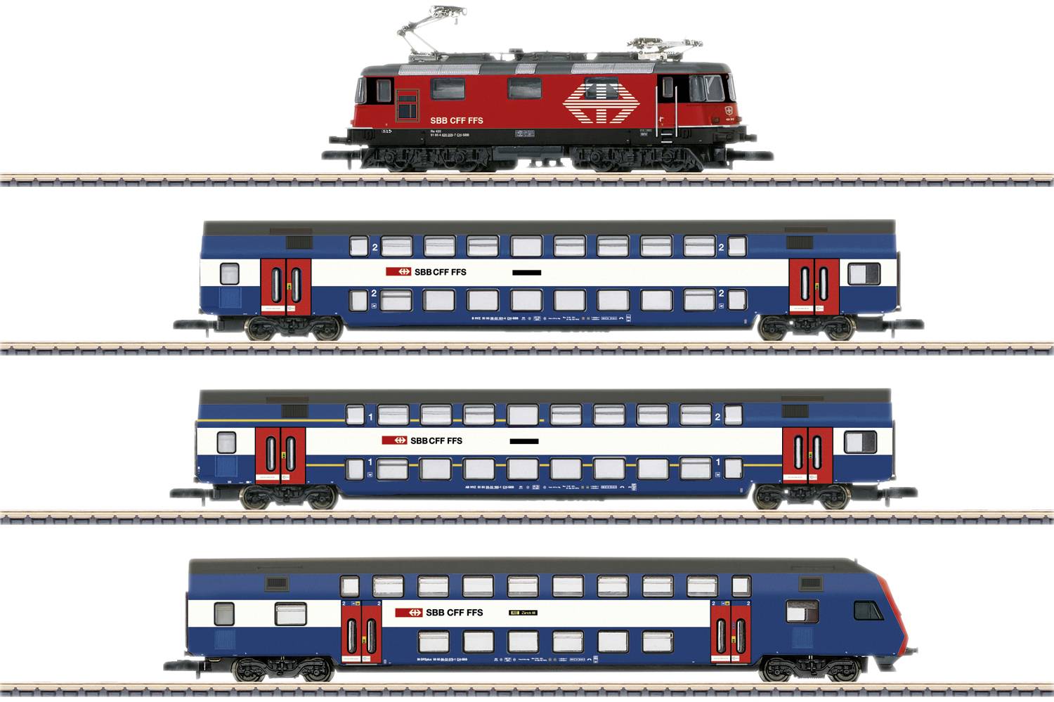 Train miniature des CFF avec une locomotive rouge et trois voitures à double étage bleu et rouge sur des voies parallèles.