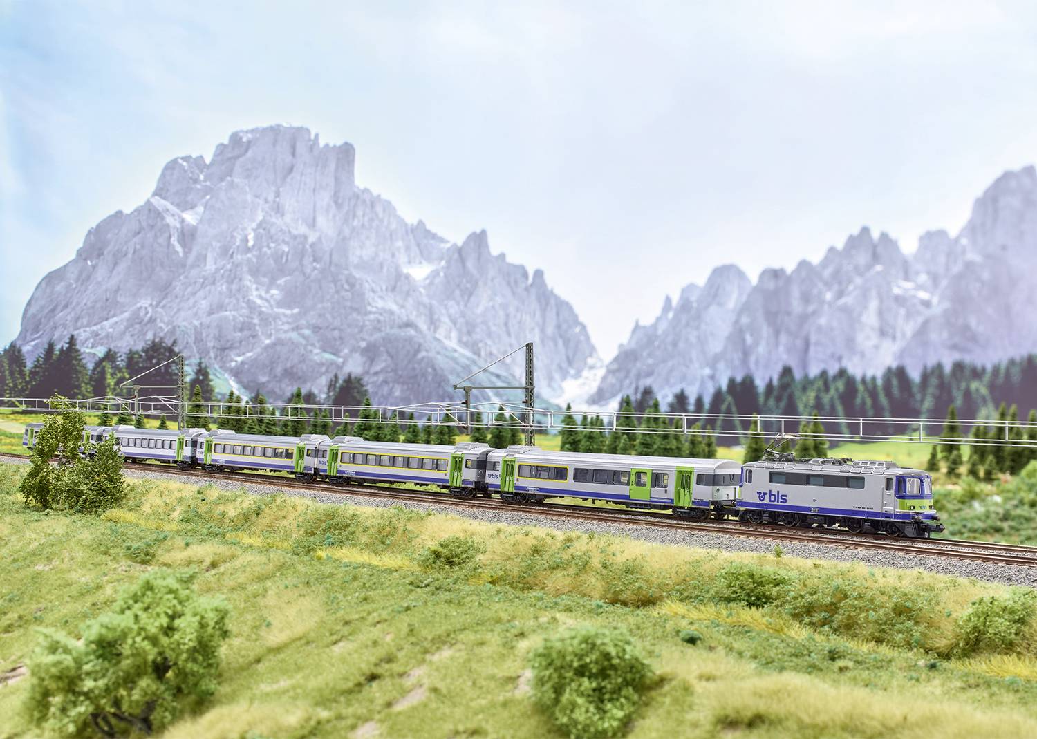 Un train traverse un paysage verdoyant sur fond de montagnes enneigées, sous un ciel bleu.