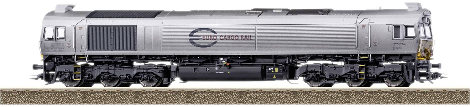 Modèle de locomotive de fret grise avec logo 'Euro Cargo Rail' sur le côté, posée sur une voie ferrée.