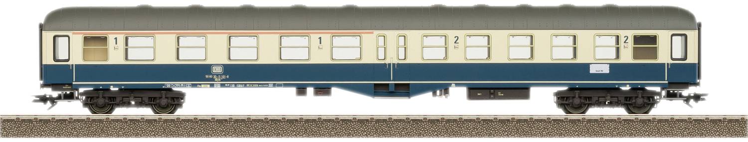 'Modèle d'une voiture de passagers de la Deutsche Bundesbahn, bleue et beige, avec le numéro deux pour la deuxième classe, sur des rails.'