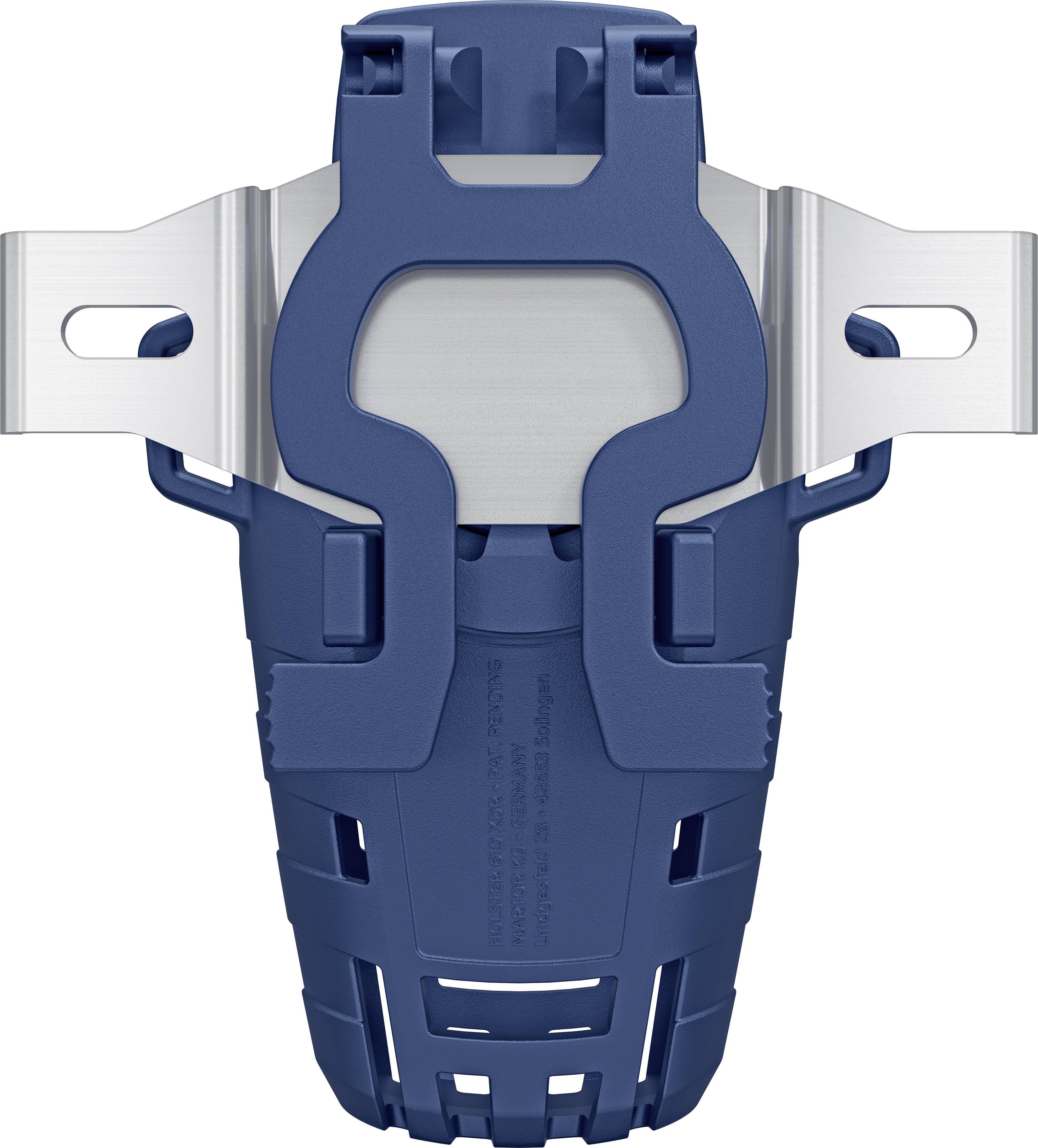 Un support de protection bleu en plastique et en métal, utilisé pour sécuriser les bouteilles de boisson, par exemple sur des vélos.