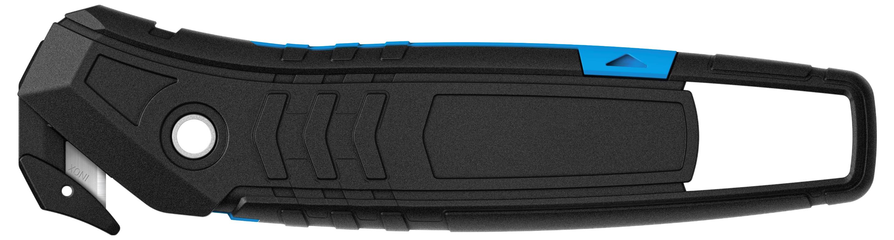 Couteau de sécurité noir et bleu avec protection de lame intégrée, poignée ergonomique et trou rond pour une suspension facile.