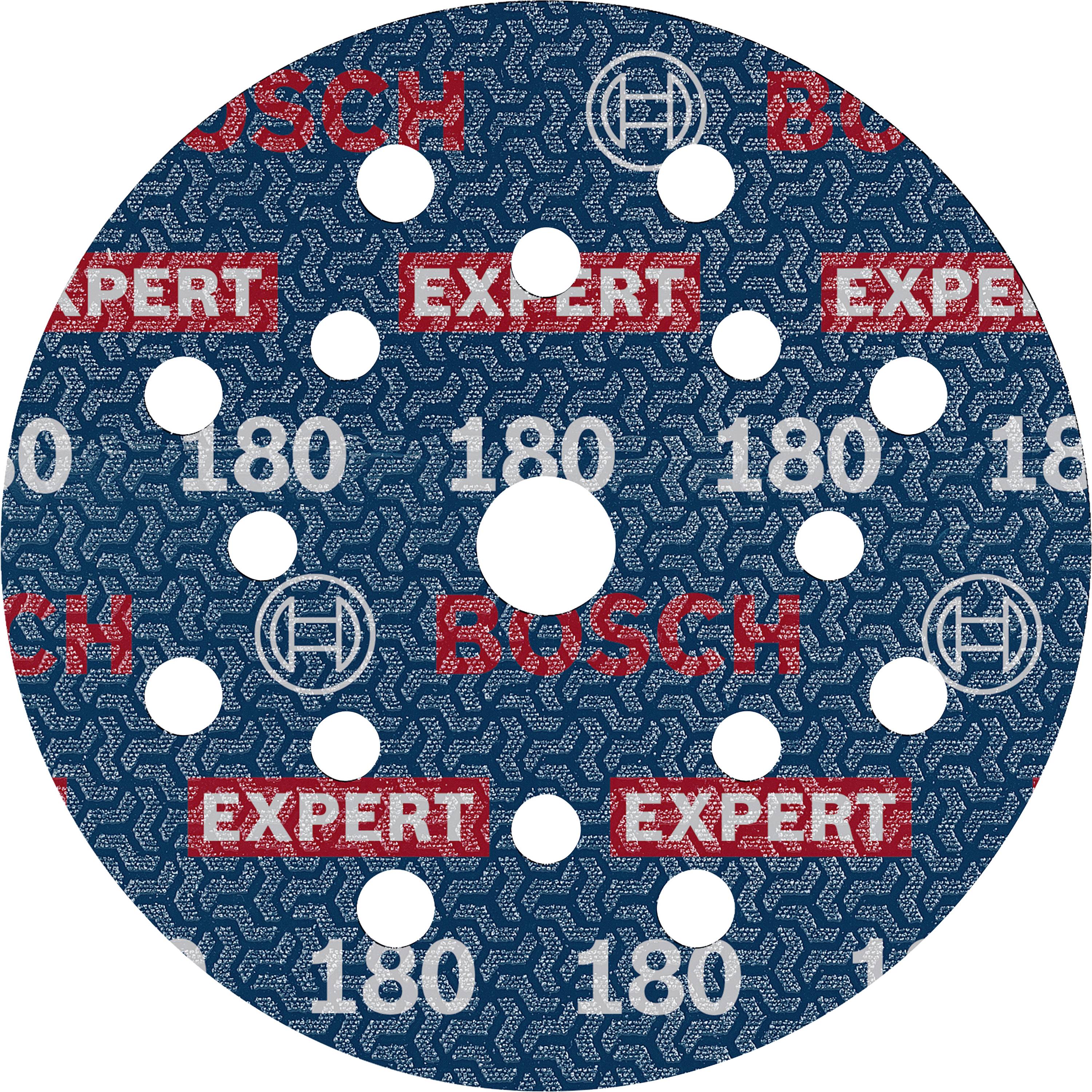 Disque de ponçage circulaire avec logo Bosch, plusieurs trous et l'inscription 'EXPERT 180' ; adapté aux machines à poncer.