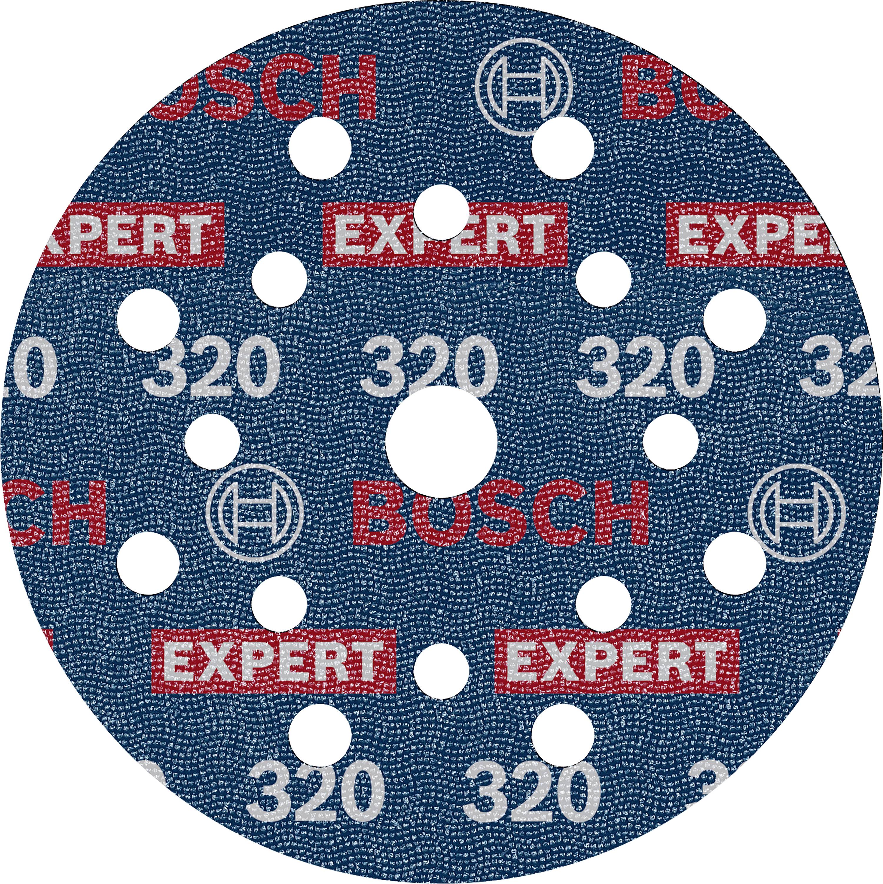 Disque abrasif Bosch portant l'inscription 'EXPERT' et '320', avec plusieurs trous selon un motif, adapté pour les ponceuses.