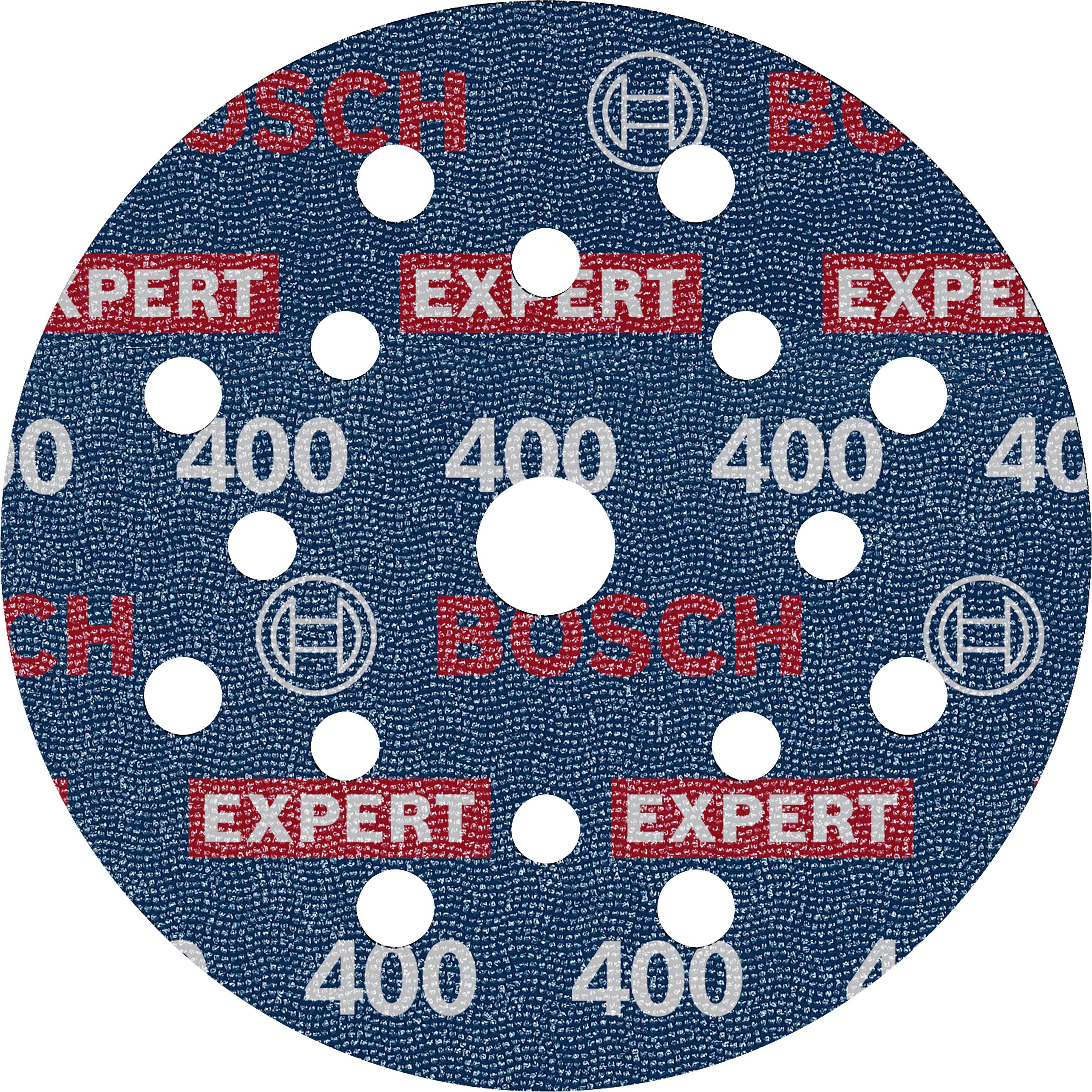 Disque abrasif à plusieurs trous, bleu avec impression rouge 'BOSCH' et 'EXPERT' ainsi que l'indication de granulométrie '400'.