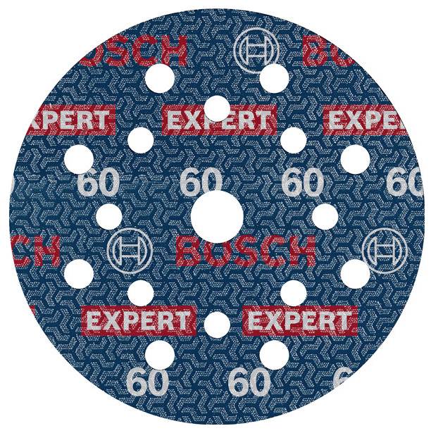 Un papier de verre bleu de la marque Bosch avec un grain de 60 et l'inscription 'EXPERT'. Il présente plusieurs trous pour l'aspiration des poussières.