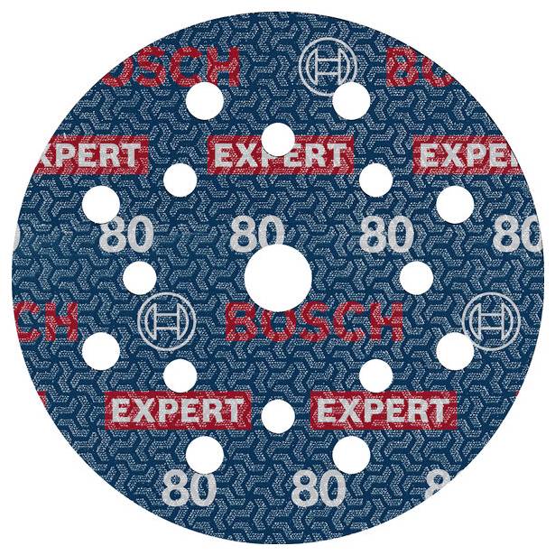 Un disque de papier abrasif Bosch perforé. Sur la surface bleue sont inscrits les mots 'EXPERT' et '80'.