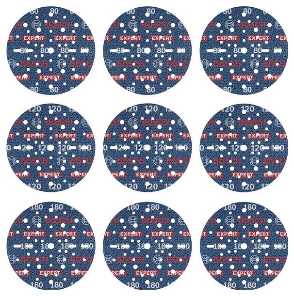 Neuf disques de ponçage bleus portant l'inscription 'Bosch Expert' et différents numéros, disposés sur un fond blanc.
