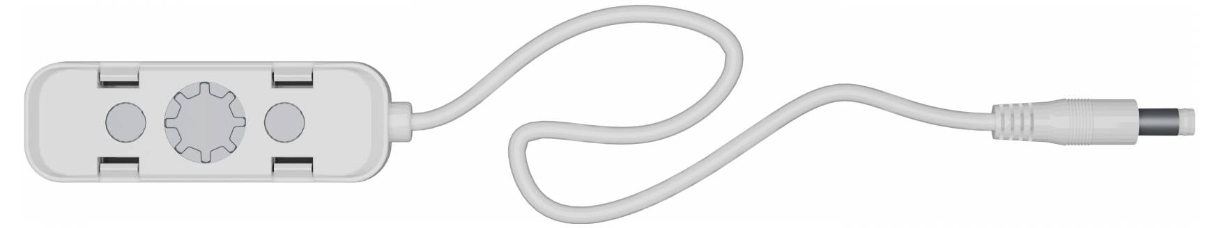 Une télécommande gris clair avec un bouton rotatif et deux touches, reliée par un câble fin et un connecteur.