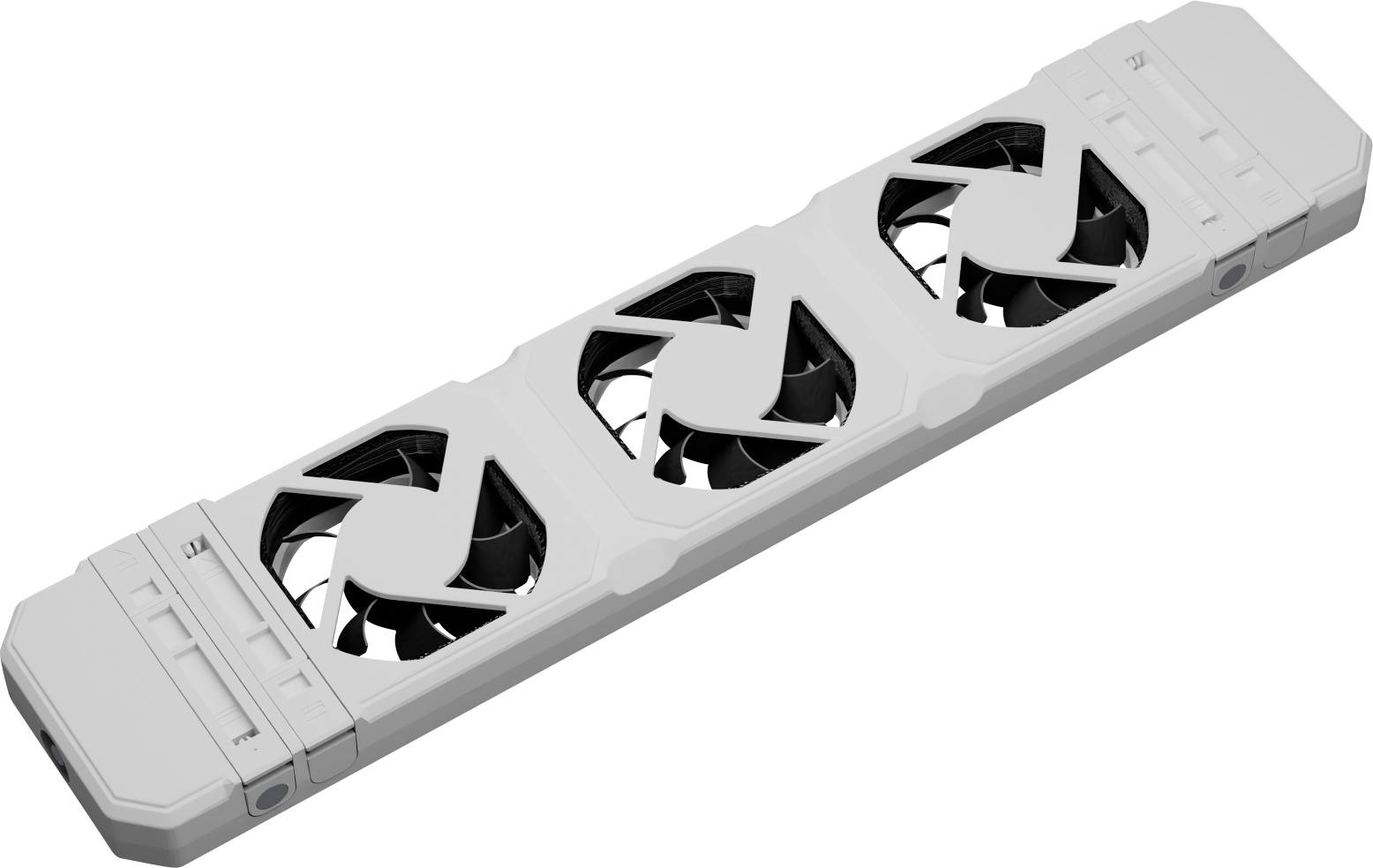 Un radiateur blanc avec trois ventilateurs noirs alignés, utilisé pour refroidir des appareils électroniques ou des composants informatiques.