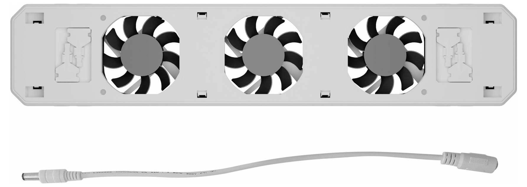 Un insert de ventilation rectangulaire avec trois ventilateurs noirs et un câble de connexion amovible. Adapté pour le refroidissement d'appareils.