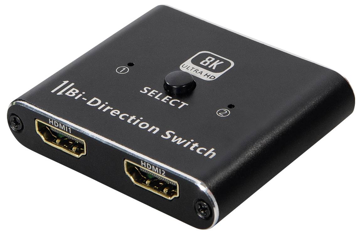 Commutateur HDMI bidirectionnel noir à deux ports, avec un bouton et l'inscription '8K Ultra HD', permettant de commuter les signaux.