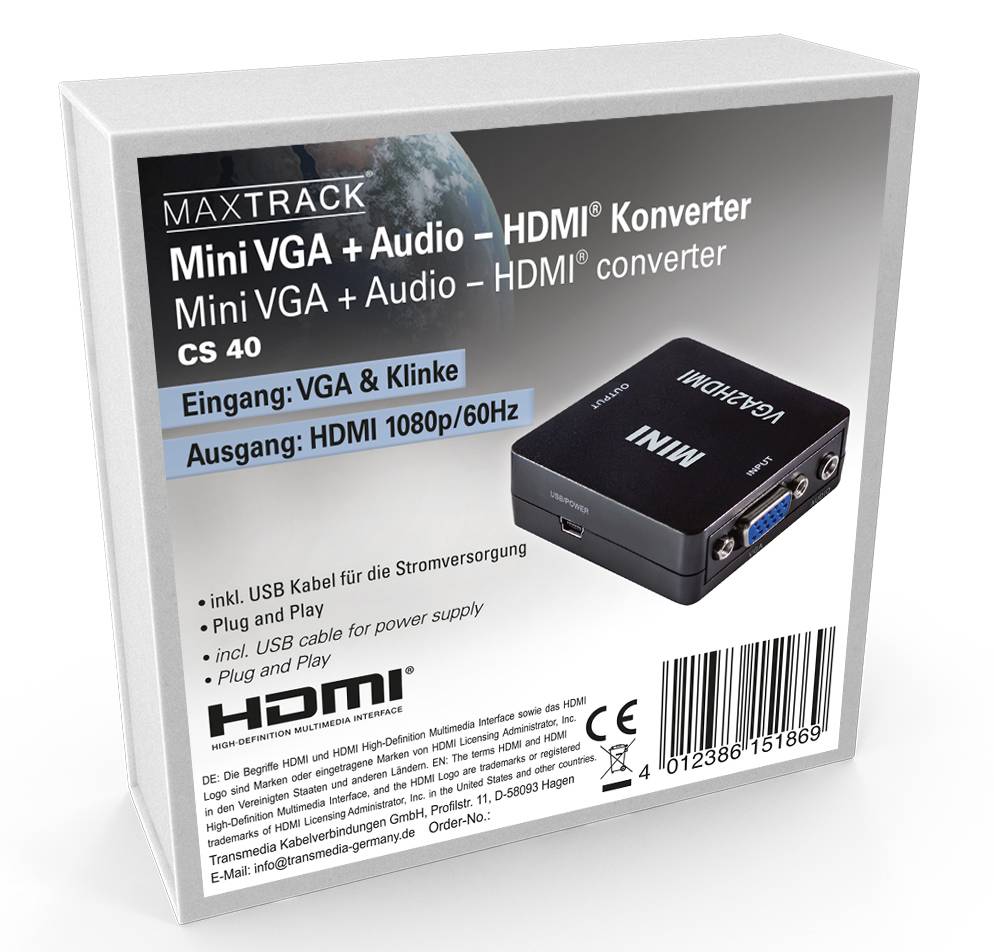 Maxtrack CS40L VGA / HDMI Adaptateur [1x VGA femelle, Jack femelle 3.5 mm - 1x HDMI femelle] noir
