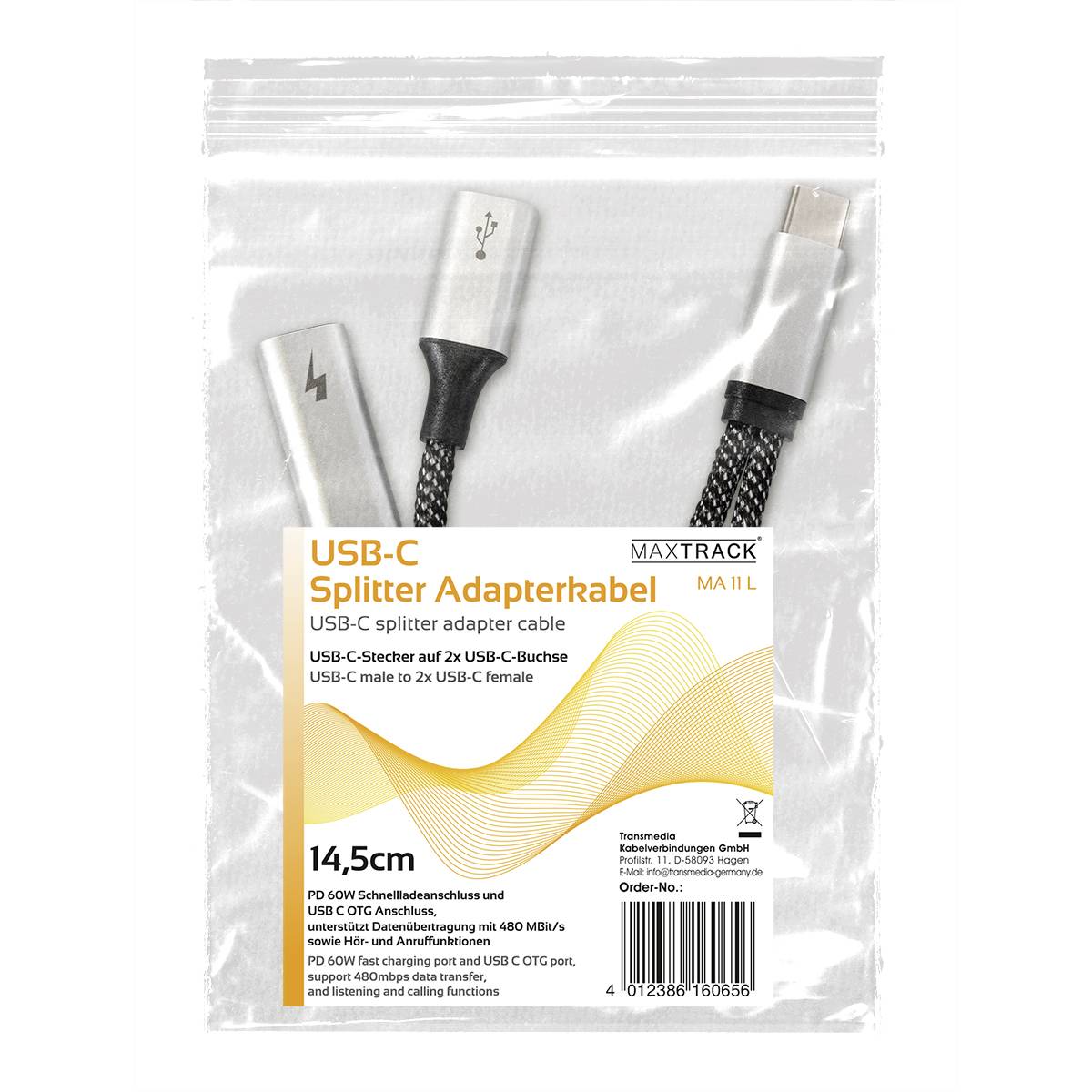 Maxtrack USB-C® Adaptateur [1x USB-C® mâle - 2x USB-C® femelle (Power Delivery), USB-C® femelle] 14.5 cm