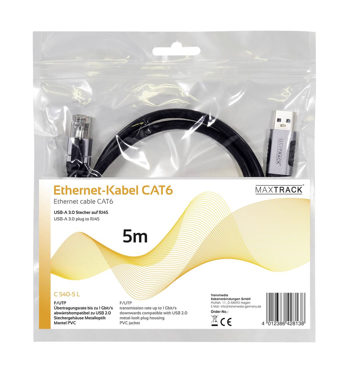 Maxtrack USB 3.0 / RJ45 réseau informatique Adaptateur CAT 6 [1x USB 3.0 - 1x RJ45 mâle] 5 m noir