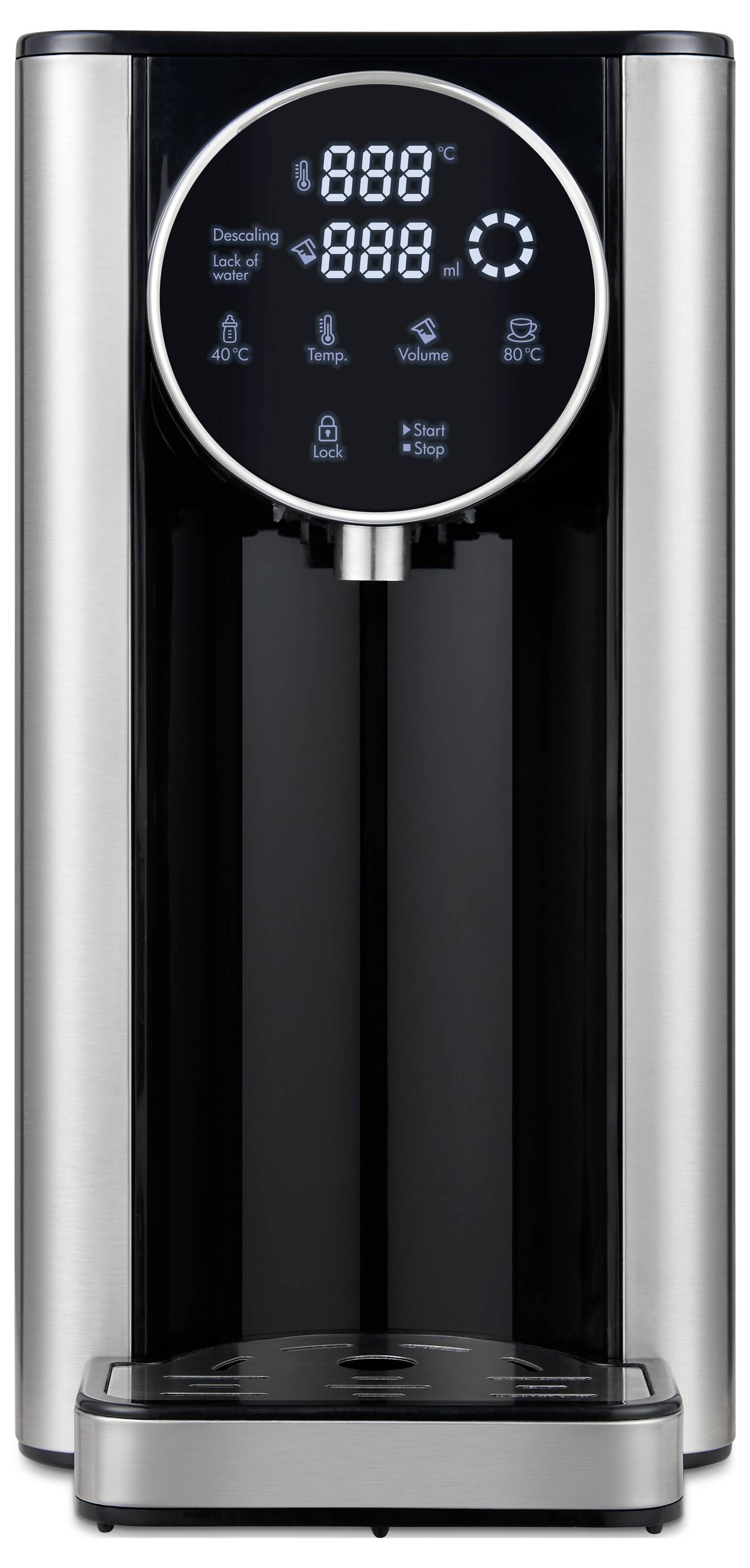 Un distributeur d'eau moderne avec un écran tactile affichant la température et les options de mode. Boîtier noir avec des touches en acier inoxydable.