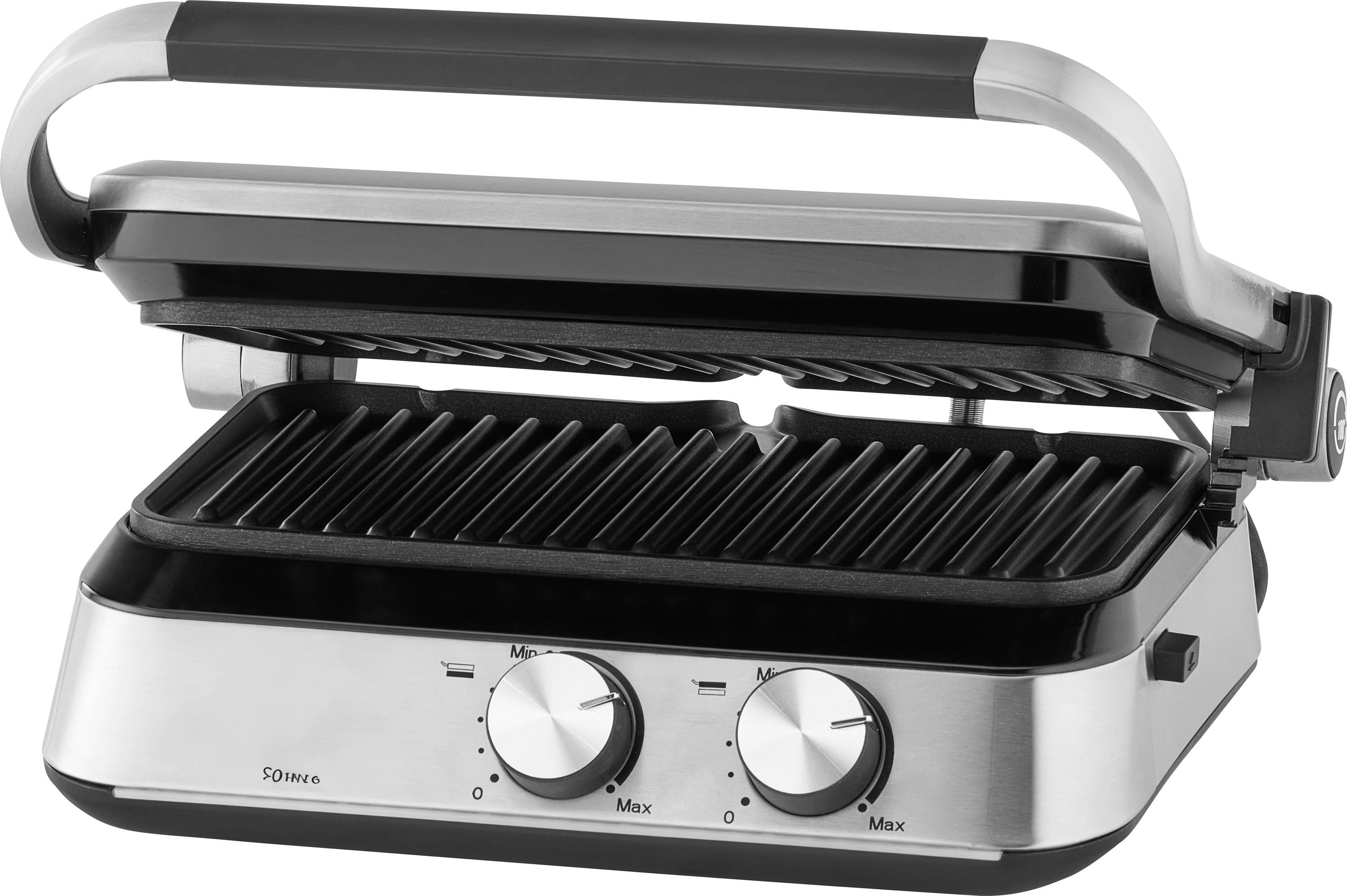 Un grill de contact électrique en acier inoxydable avec deux boutons rotatifs de contrôle de température, ouvert et montrant des surfaces de grill rainurées.