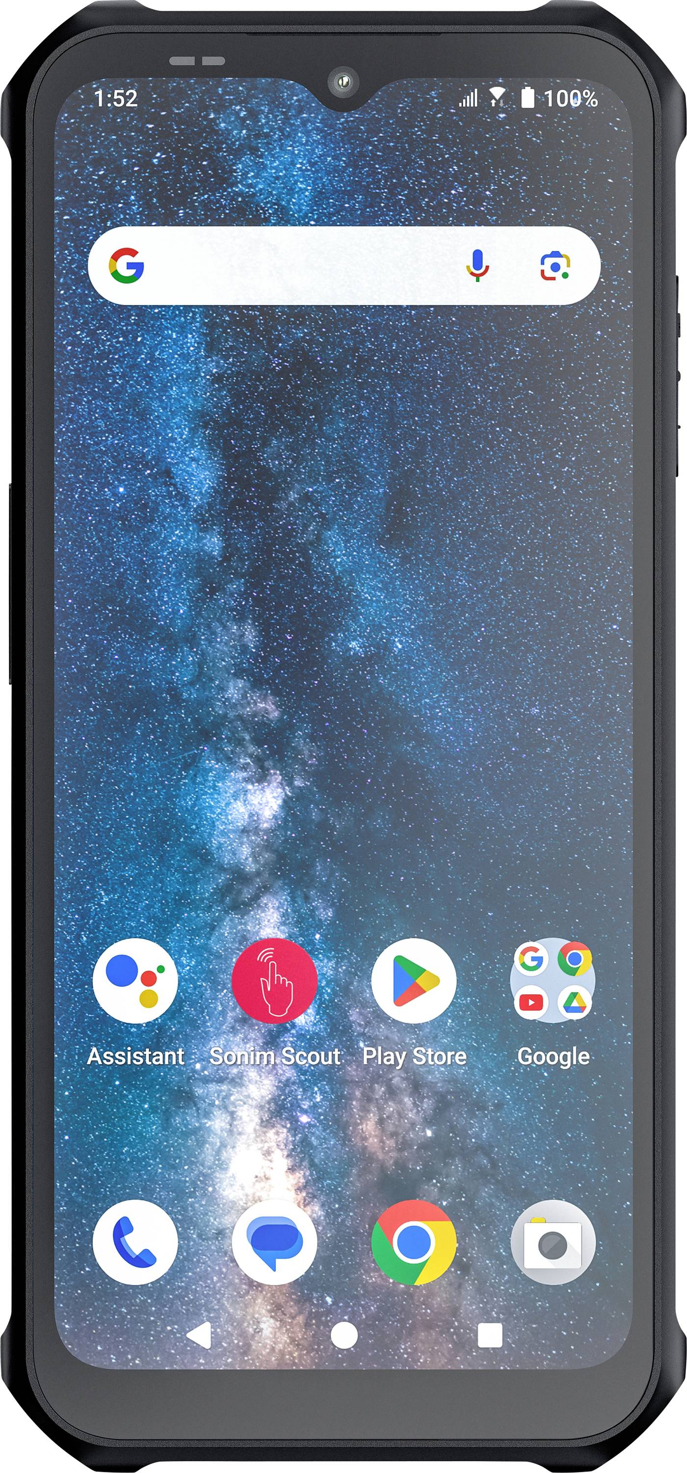 Smartphone robuste avec un ciel étoilé en arrière-plan. Différentes icônes d'applications sont visibles sur l'écran.