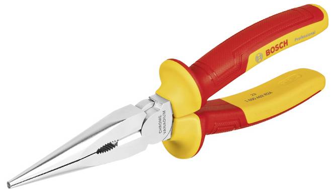 Une pince coupante rouge et jaune de la marque Bosch, adaptée aux travaux de précision fine.