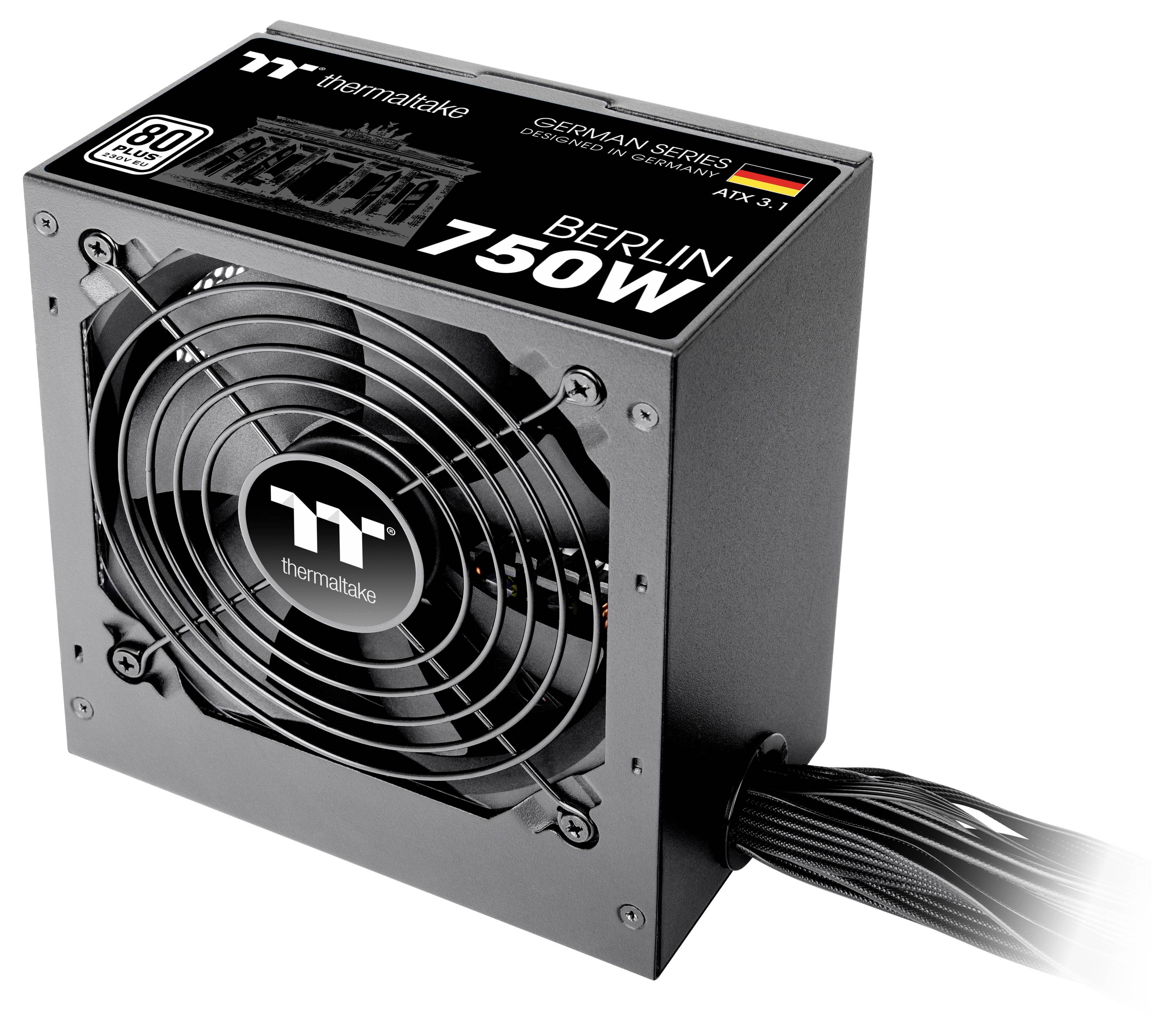 Bloc d'alimentation PC noir avec ventilateur, puissance 750W. Inscription 'BERLIN 750W' visible sur le dessus. Adapté pour les PC gaming.