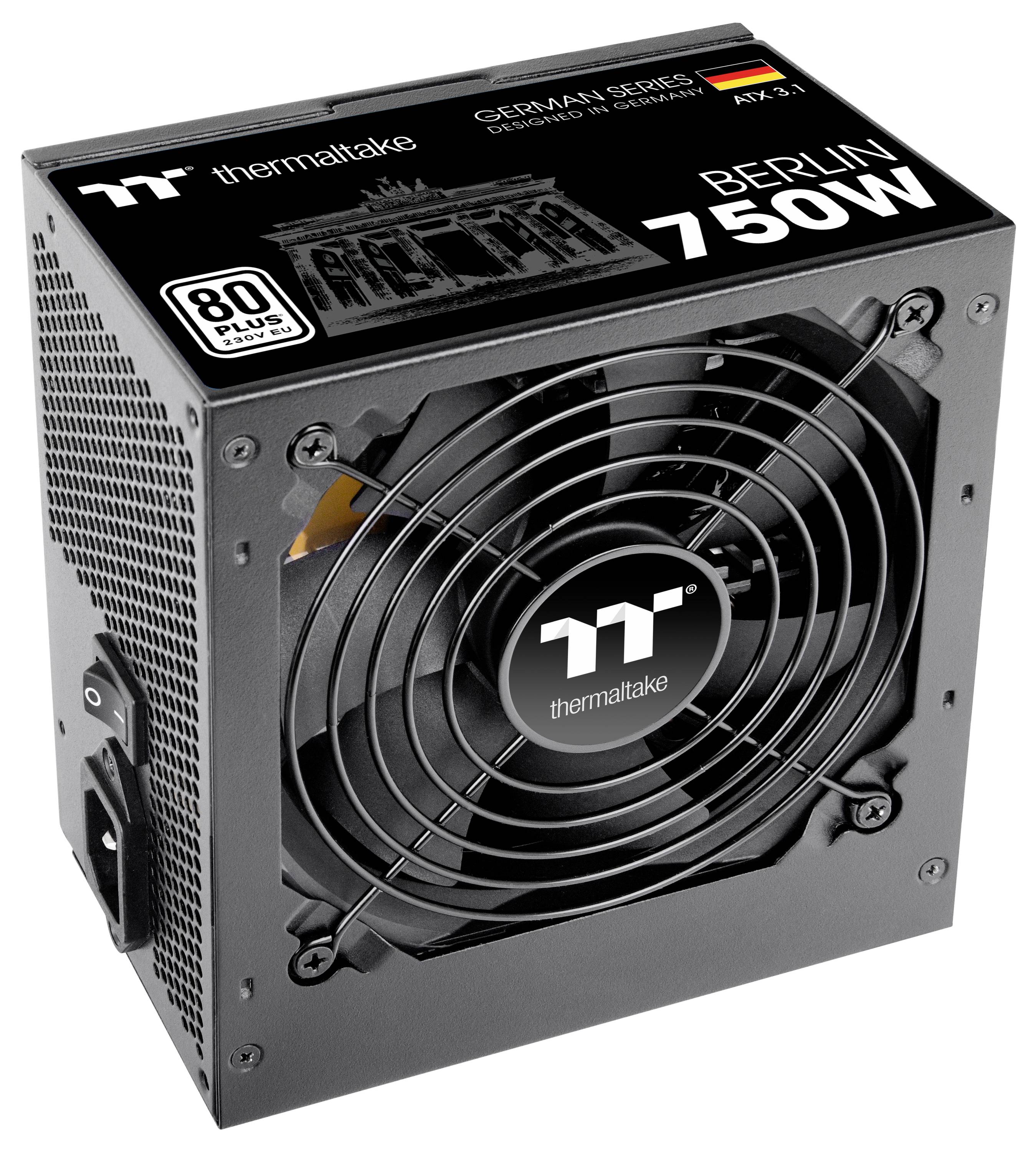 Bloc d'alimentation noir Thermaltake Berlin 750W, rectangulaire, avec ventilateur sur le dessus et marquage des spécifications et de la marque.