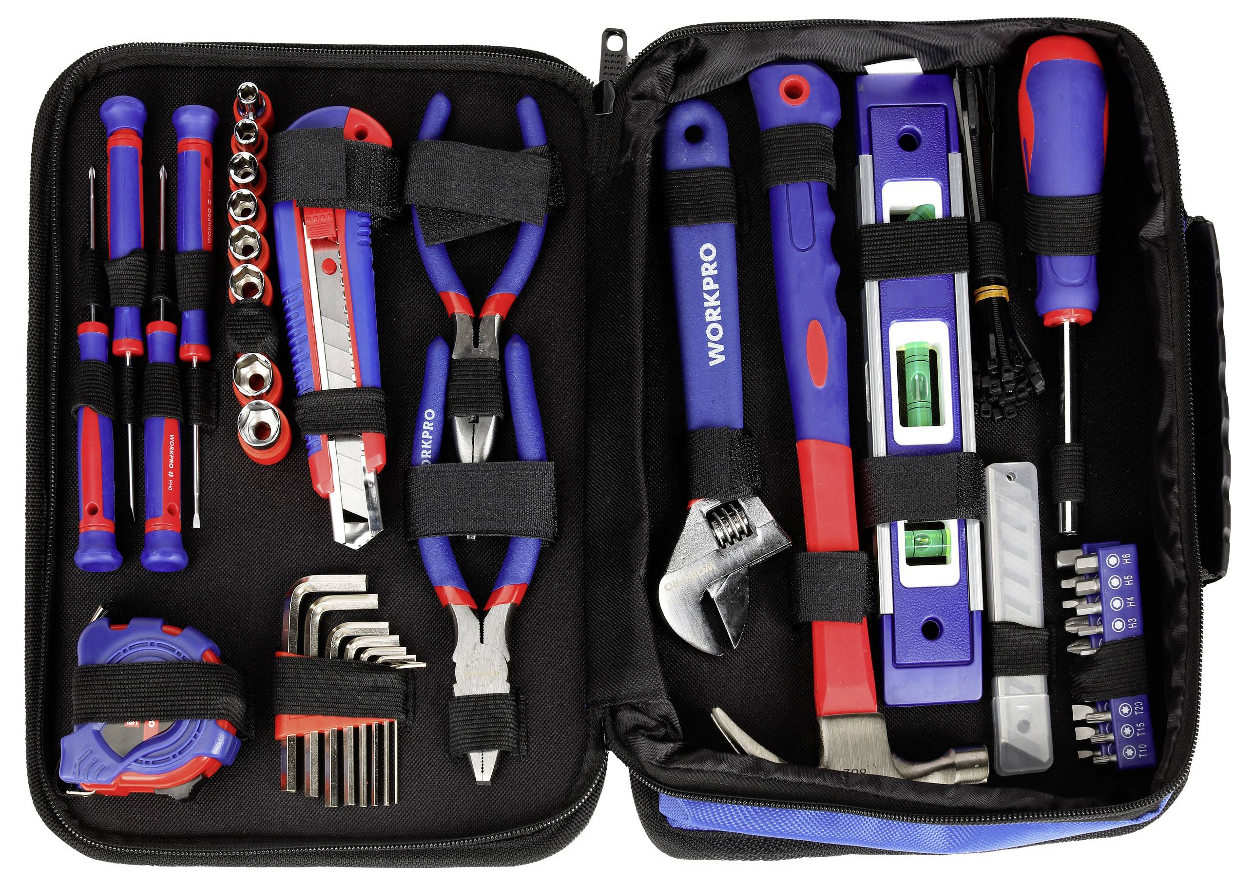 Coffret à outils ouvert contenant des tournevis, des pinces, des niveaux à bulle, des clés à molette et d'autres outils manuels.