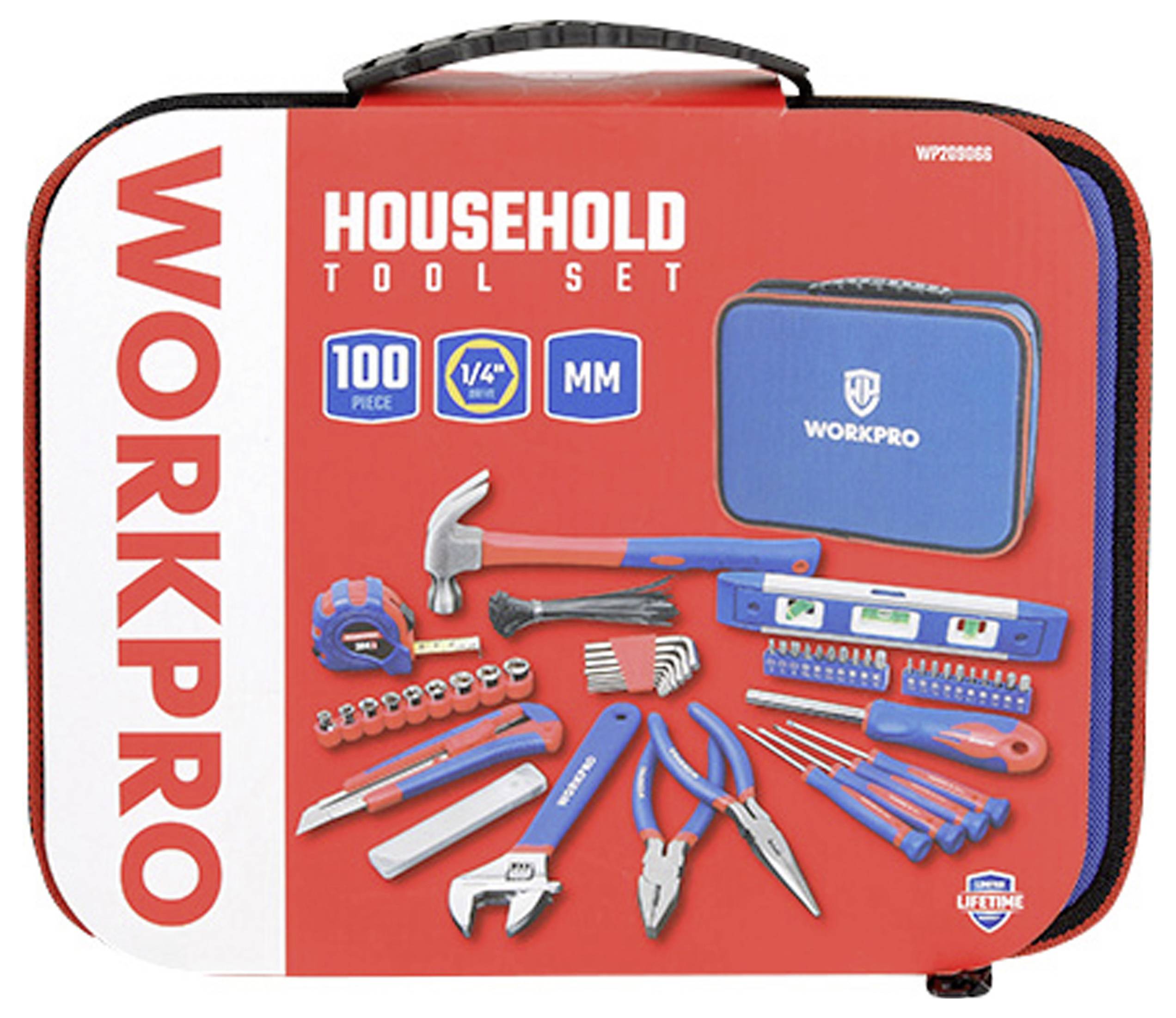 Ensemble d'outils de 100 pièces dans un coffret rouge, comprenant un marteau, des clés à molette, une pince et un mètre ruban. Marque : WORKPRO.