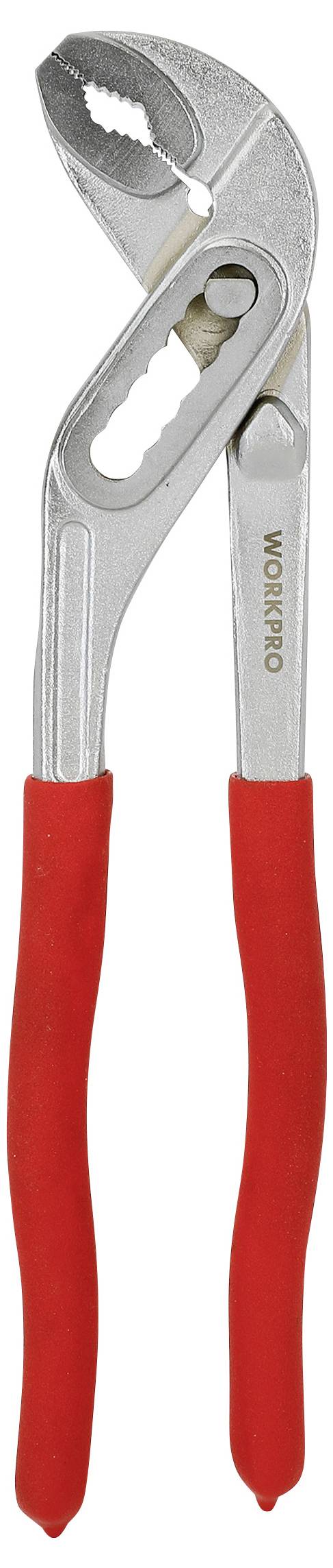 Une paire de pinces réglables avec des poignées en caoutchouc rouge, conçues pour saisir des objets de différentes tailles.