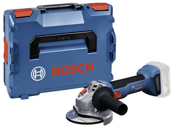 Un meuleuse d'angle Bosch bleue, sans batterie, est posée devant sa mallette de transport.