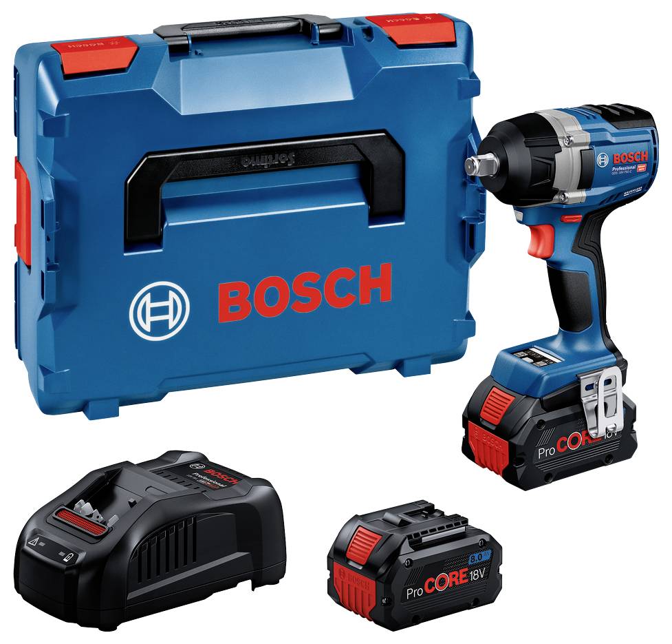 Un tournevis à chocs sans fil Bosch bleu avec coffret, chargeur et batterie, adapté à des scénarios d'applications haute performance.