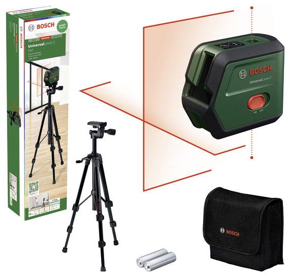 Niveau laser Bosch avec trépied et ensemble d'accessoires. L'appareil projette des lignes rouges pour un alignement et un nivellement précis.