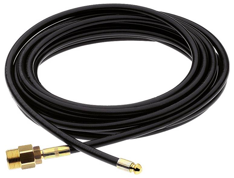 Tuyau noir avec raccords en laiton aux deux extrémités, enroulé, adapté pour le raccordement aux systèmes à air comprimé.