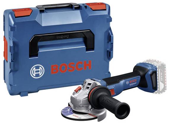 Un meuleuse d'angle de la marque Bosch est posée devant un coffret à outils bleu.