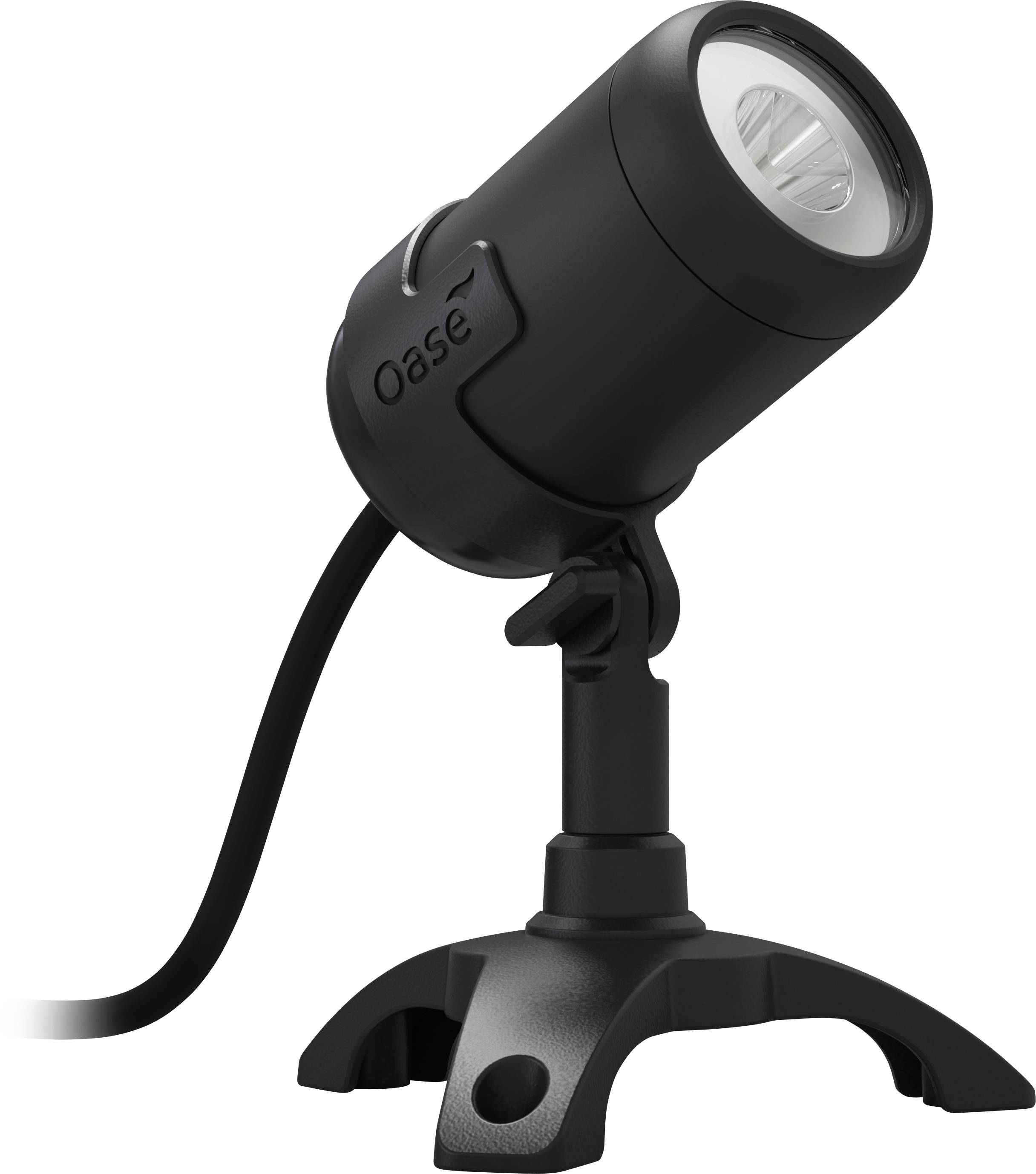 Un projecteur d'extérieur noir avec une base ronde et une tête orientable, relié par un câble, conçu pour l'éclairage de jardin ou d'extérieur.