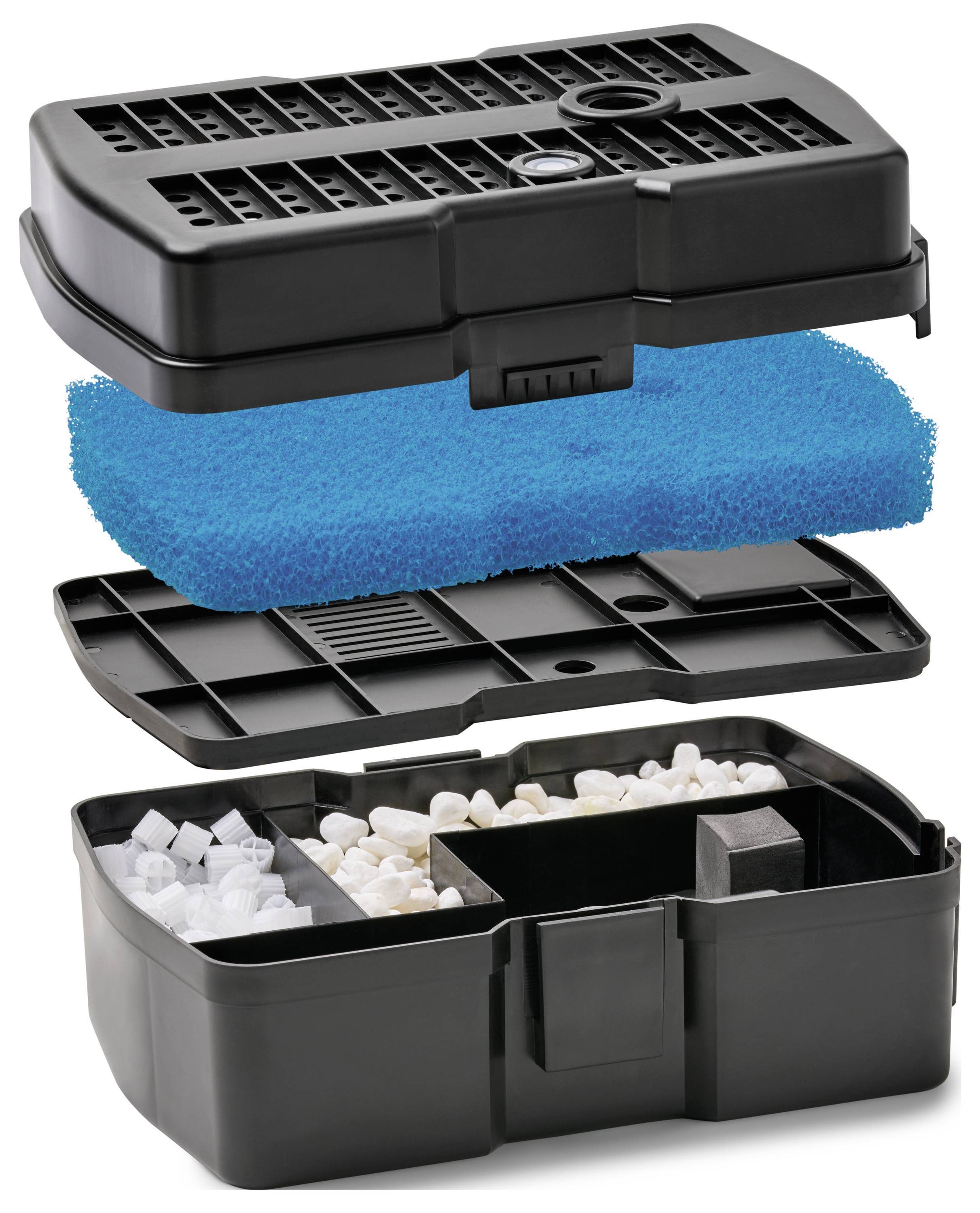 Vue éclatée d'un filtre rectangulaire noir, montrant les composants : un couvercle avec des trous, une couche de mousse bleue, un plateau à grille, et une base remplie de média blanc.