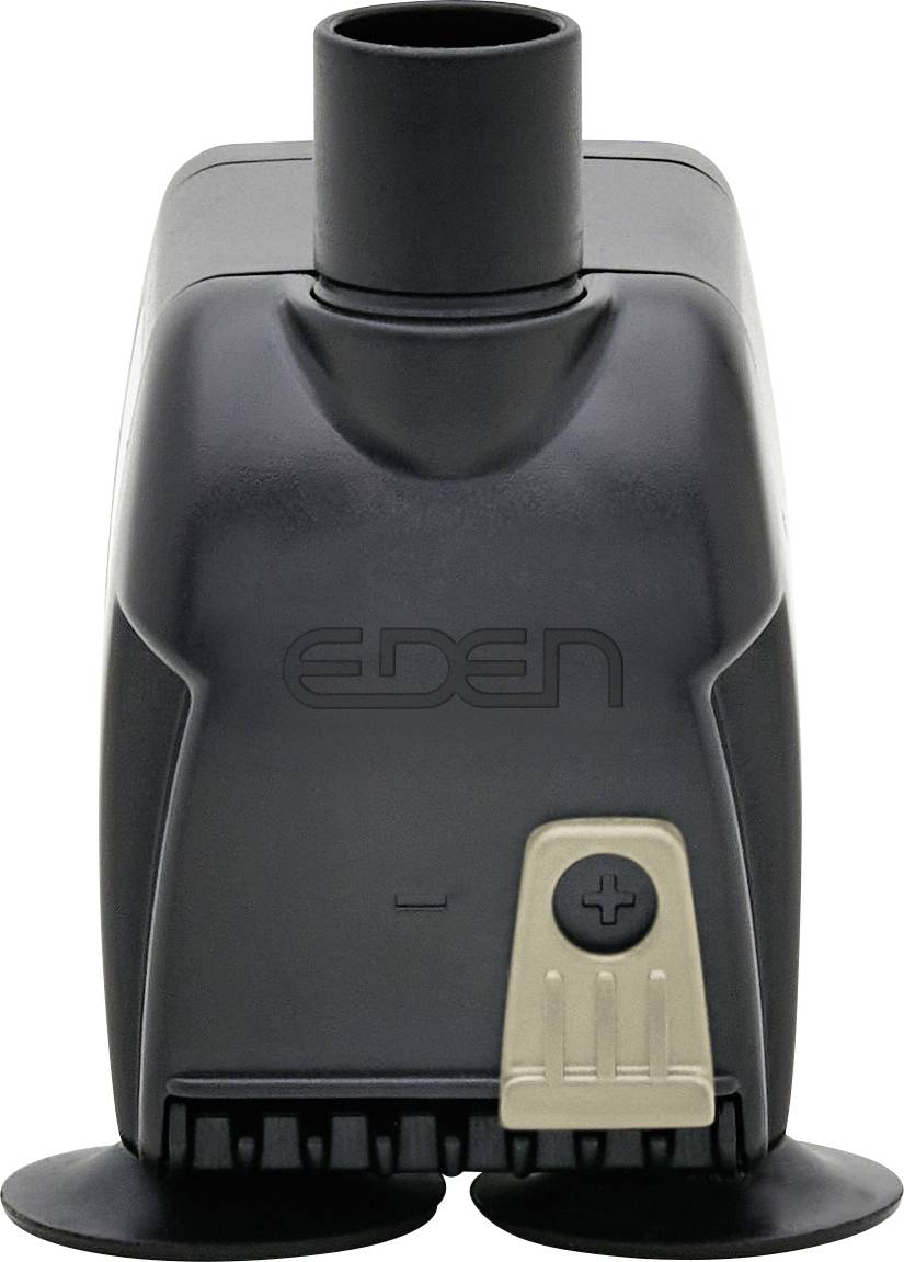 Une pompe à eau d'aquarium noire et grise de la marque 'EDEN', dotée d'un bouton de réglage et de pieds à ventouse.