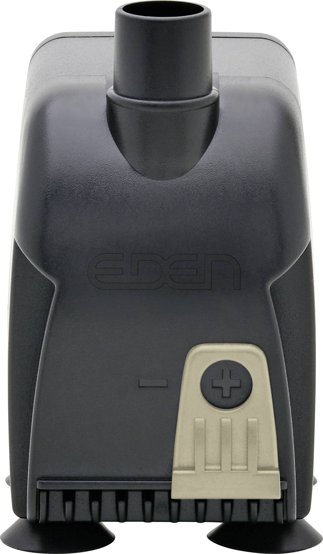 Une pompe à eau d'aquarium noire et beige avec une sortie cylindrique au sommet et un bouton de contrôle permettant de régler le débit.