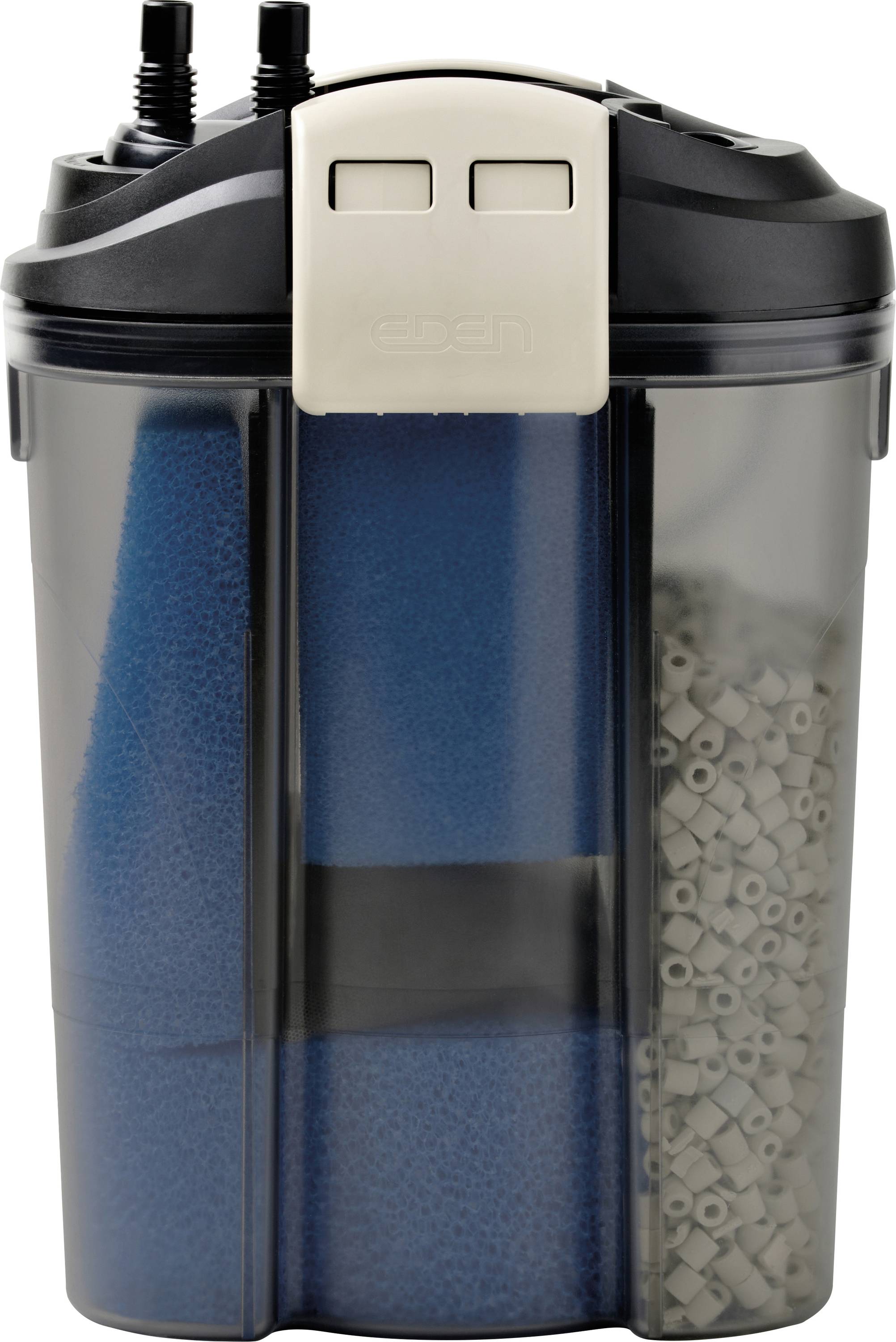 Un filtre d'aquarium avec de la mousse bleue et des céramiques filtrantes à l'intérieur d'un boîtier transparent, doté d'un couvercle gris avec deux connecteurs de tuyau.