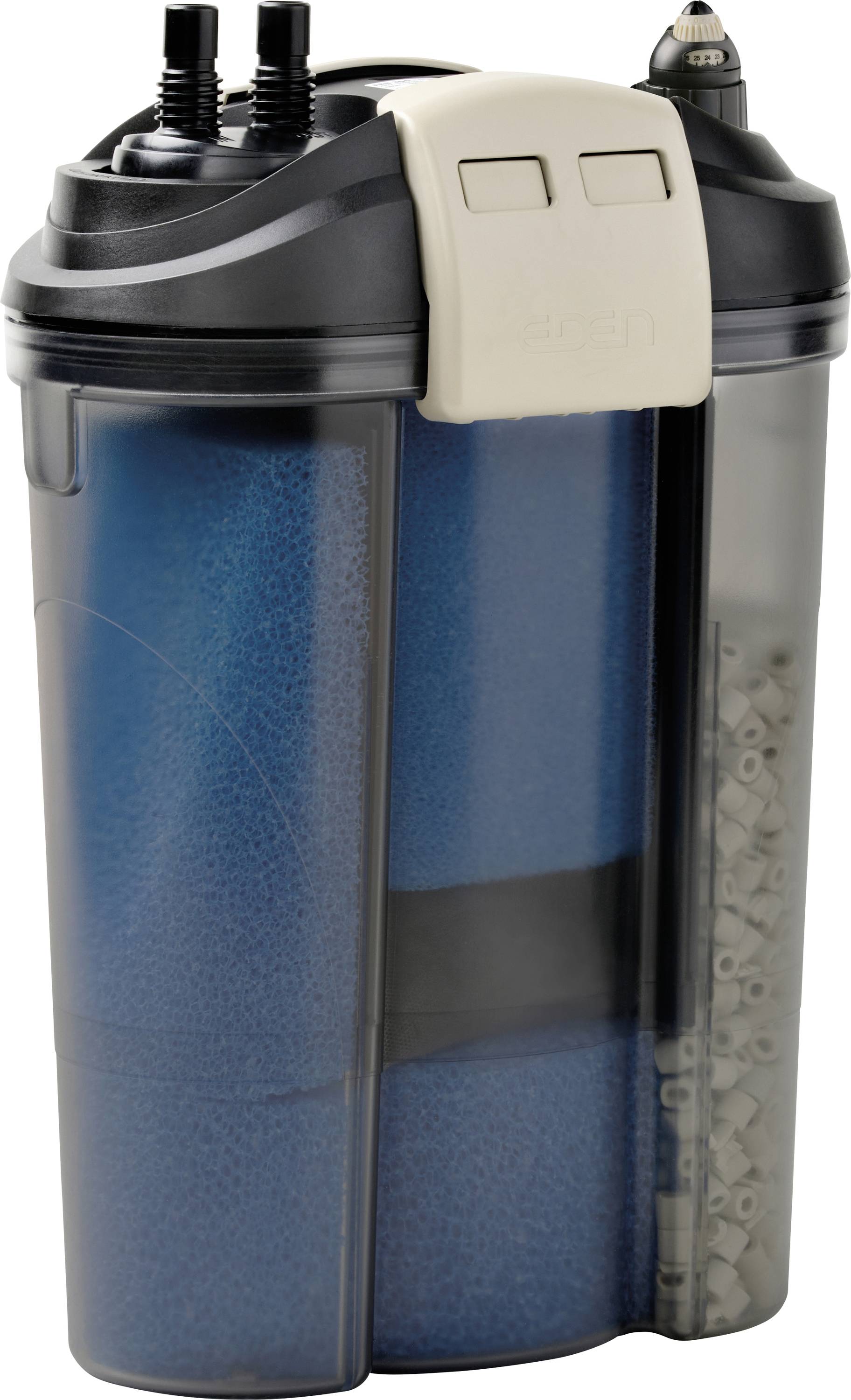 Un filtre d'aquarium cylindrique avec un boîtier noir et transparent, montrant des médias filtrants bleus et des bagues en céramique blanches à l'intérieur.