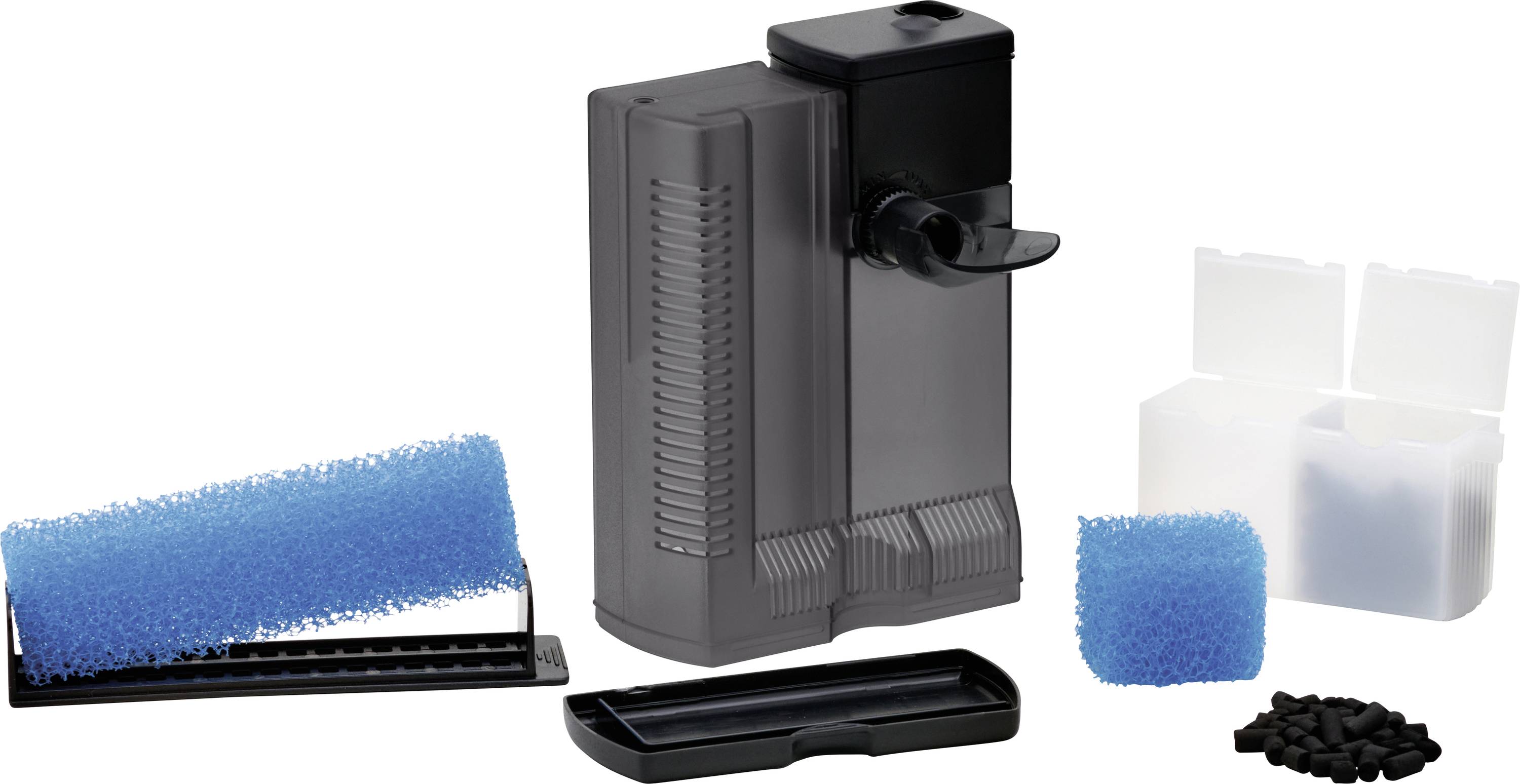 Système de filtration d'aquarium avec boîtier noir, éponge bleue et plusieurs accessoires, comprenant un rotor noir et un récipient blanc pour la filtration.