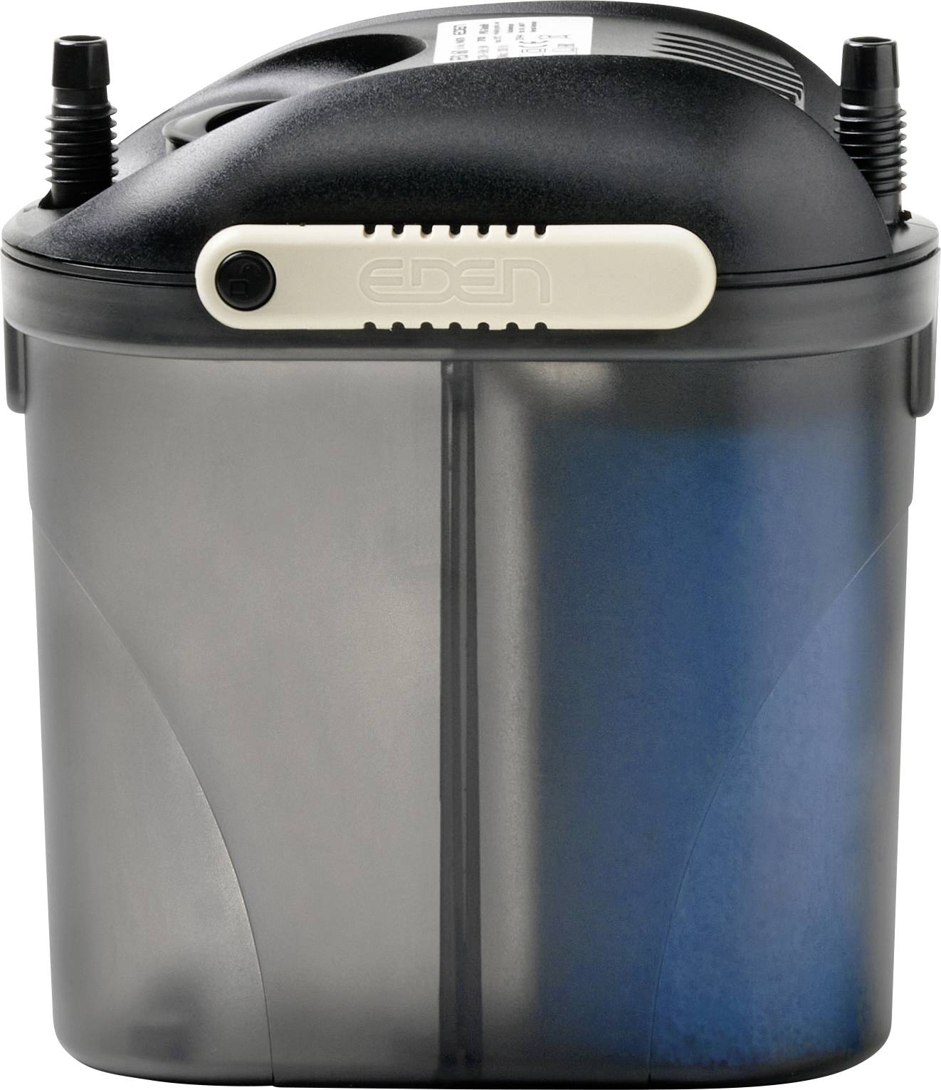 Un filtre d'aquarium noir et gris avec une poignée blanche portant l'étiquette « Eden ». Deux tubes de sortie et d'entrée sont visibles sur le dessus.
