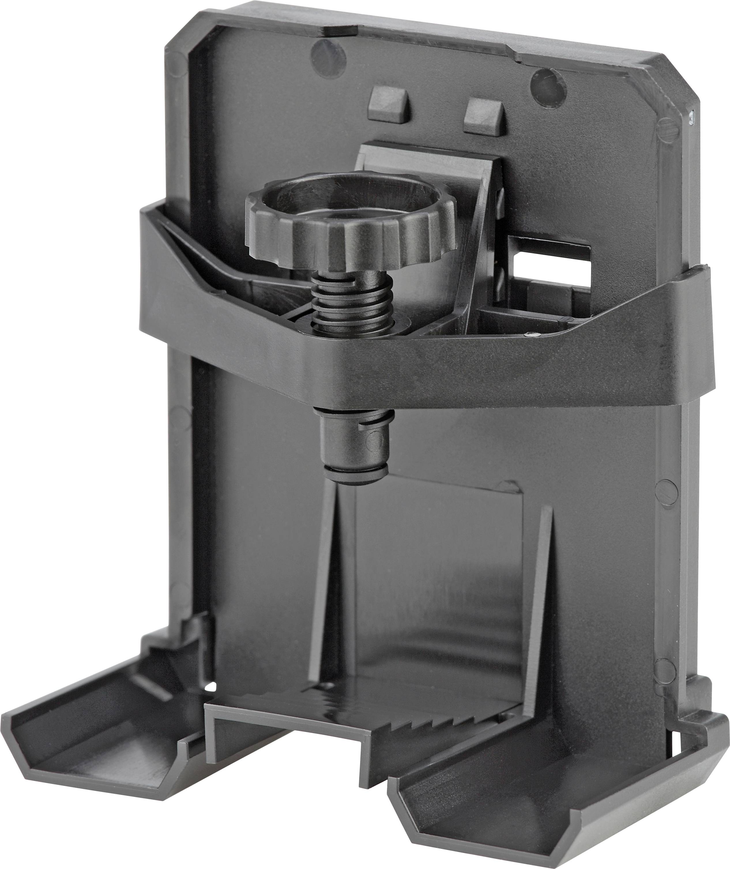 Un support en plastique noir ajustable avec un bouton circulaire pour maintenir et soutenir un objet, conçu pour offrir une stabilité et un réglage facile.