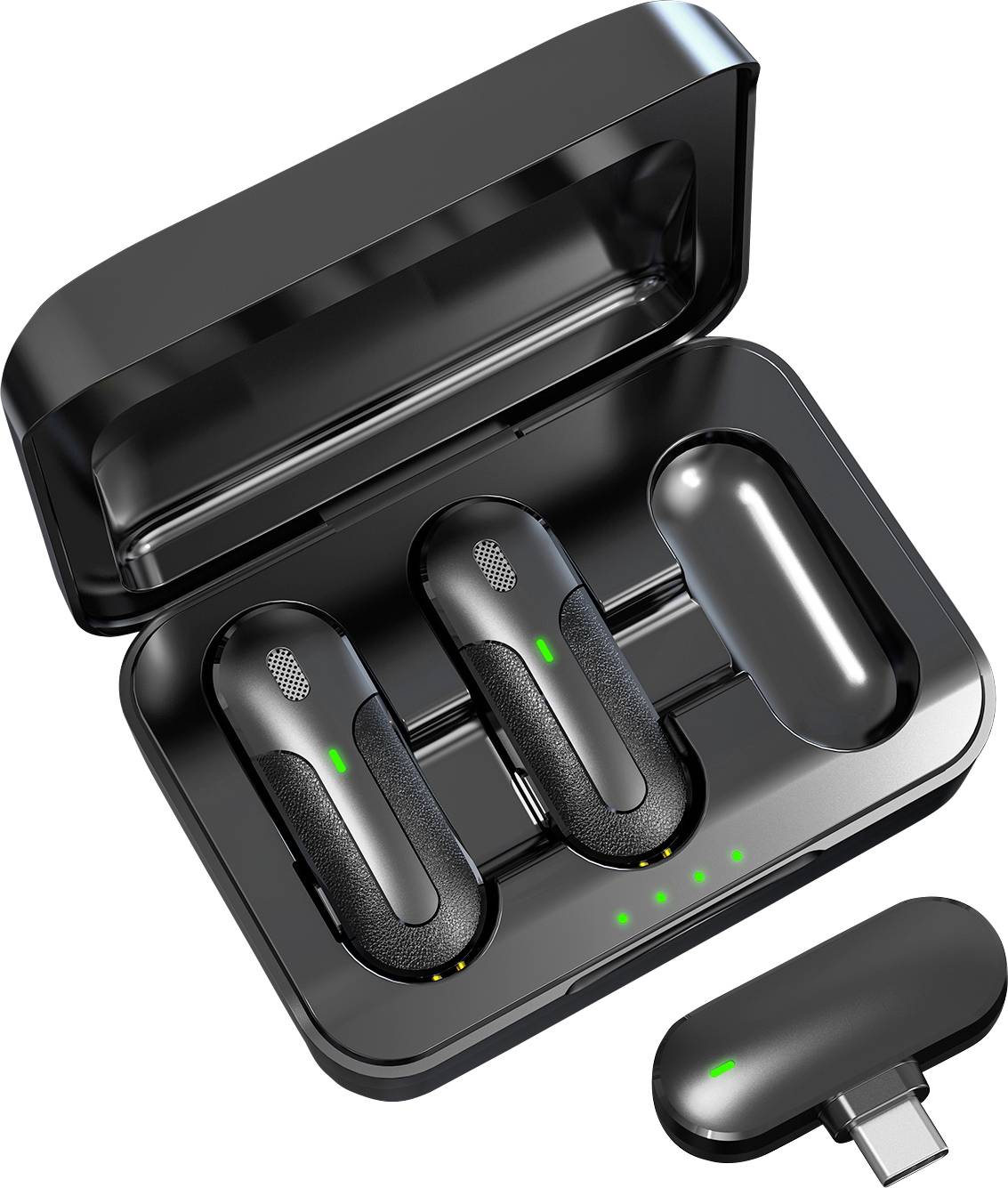 Écouteurs sans fil noirs dans leur boîte de chargement ouverte avec chargeur USB-C, affichant le niveau de charge avec des voyants LED verts.
