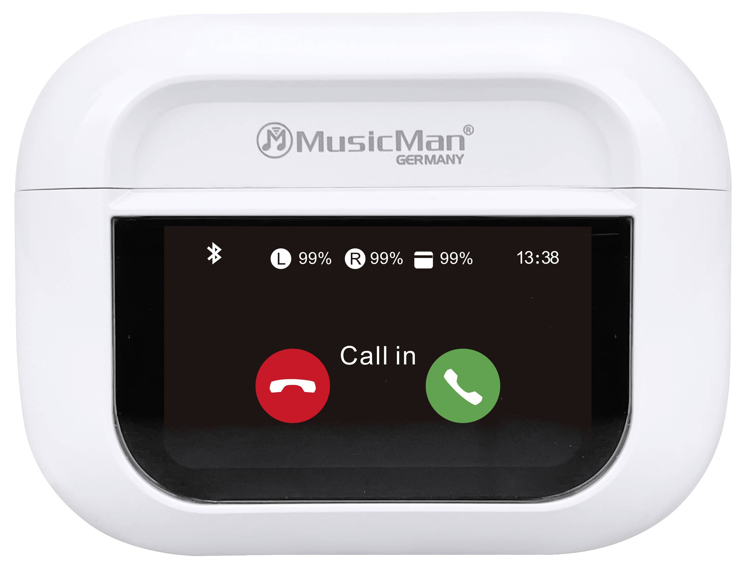 Music Man BT-X72 Oreillette Bluetooth Stereo blanc Noise Cancelling affichage de la charge de la batterie, micro-casque, boîtier