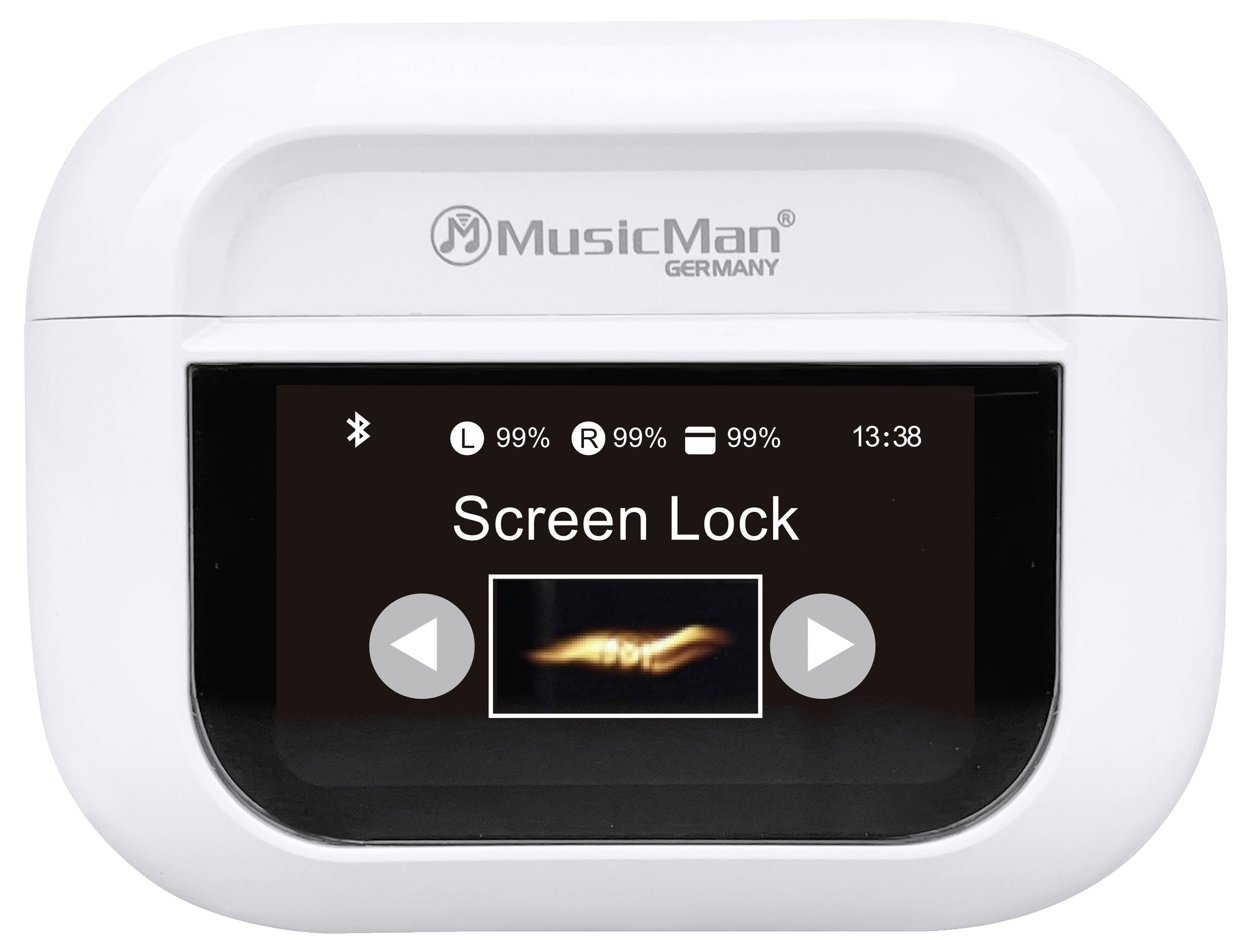 Music Man BT-X72 Oreillette Bluetooth Stereo blanc Noise Cancelling affichage de la charge de la batterie, micro-casque, boîtier