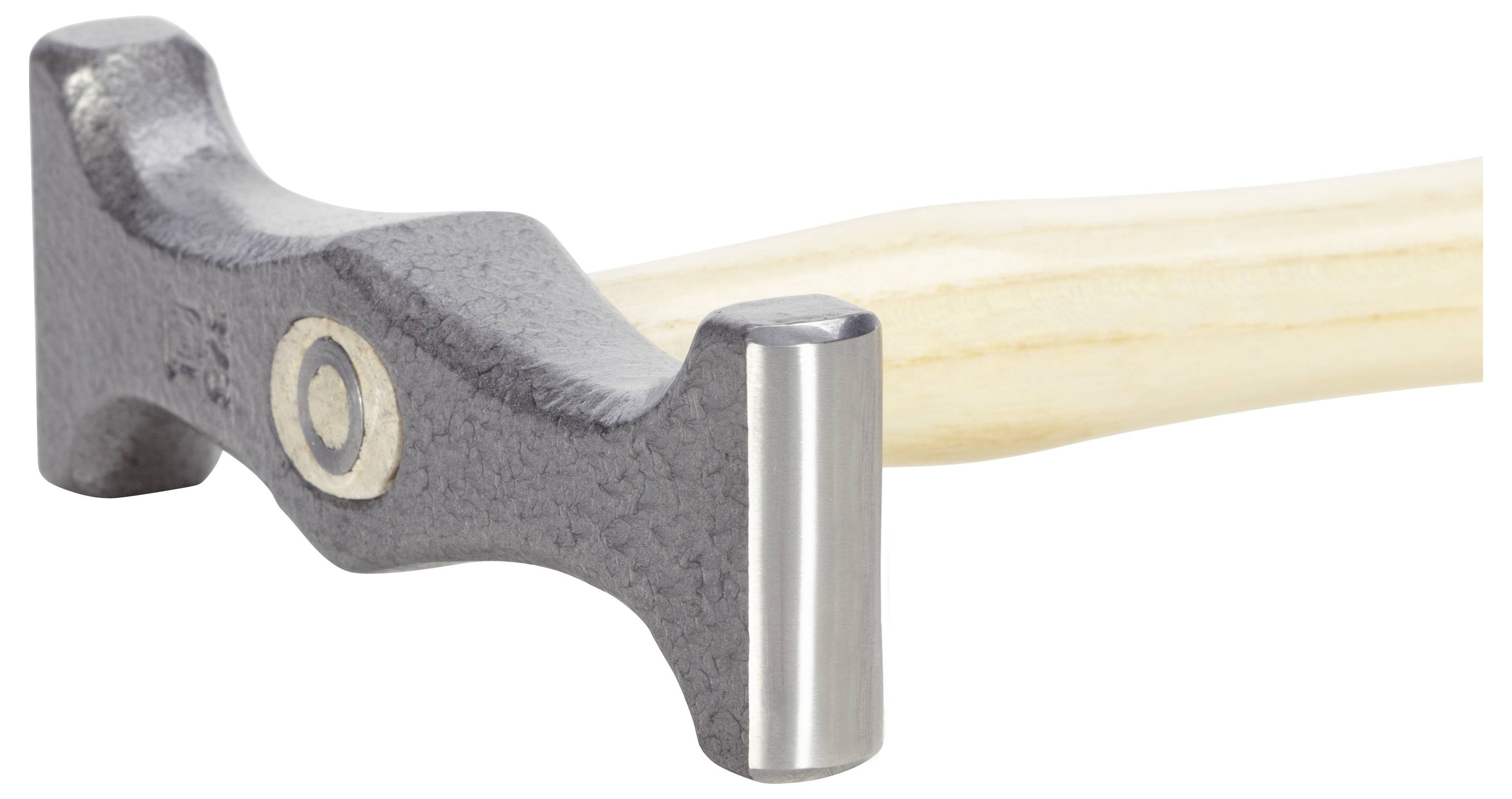 Marteau à double tête noir avec un point de visée circulaire, monté sur un manche en bois clair. Outil conçu pour des travaux de précision.